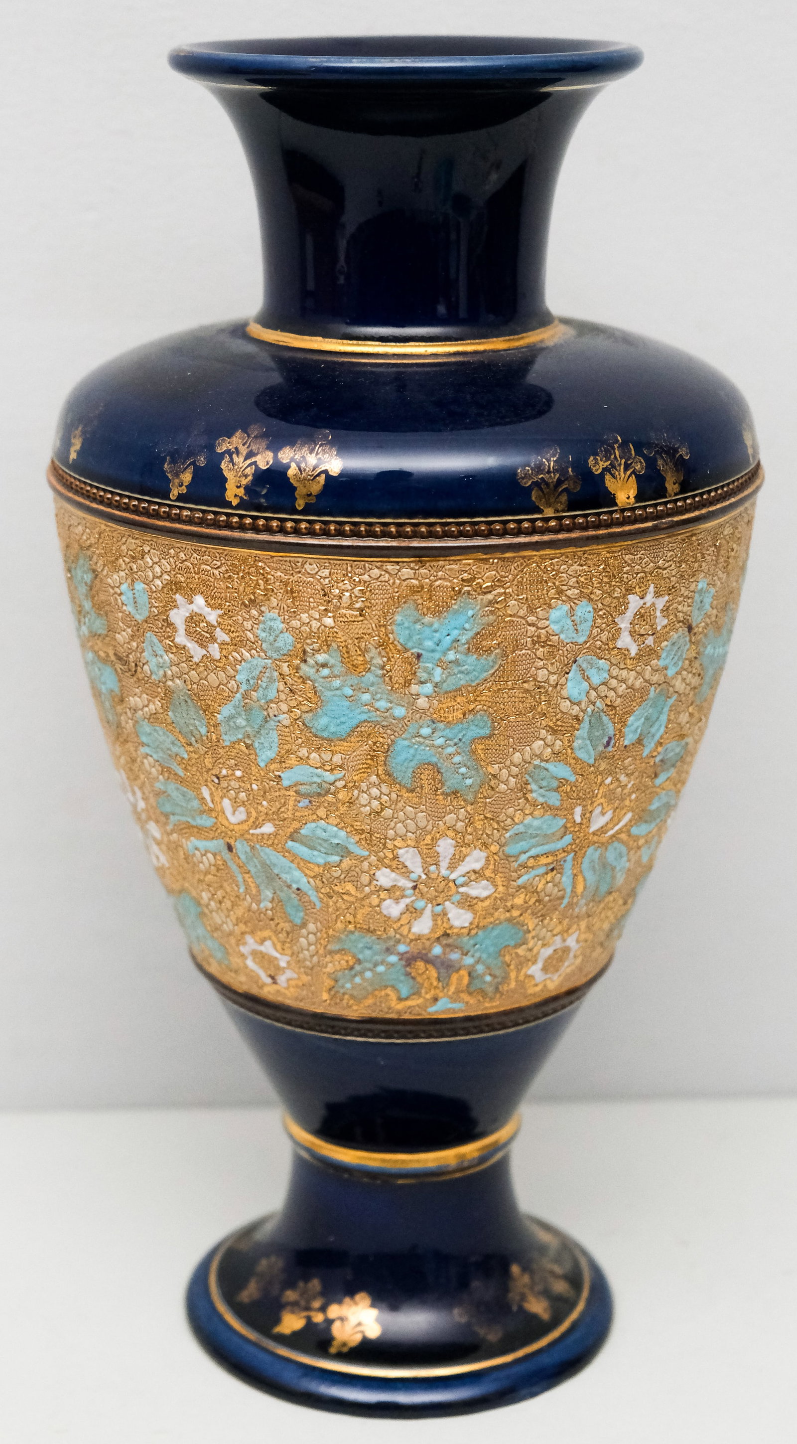 Antique Doulton Lambeth Slater's Patent Vase: Large band of gilded Slater's surface with cobalt body. Marked as shown. 13"