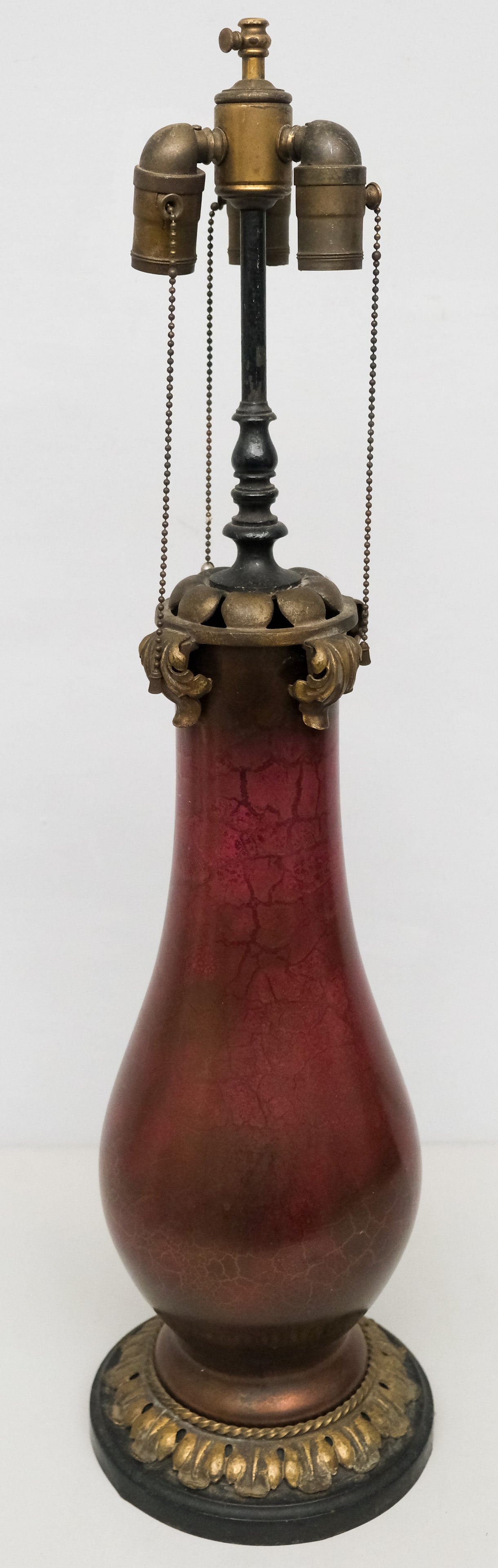 Antique Roseville Pauleo Art Pottery Lamp: Large iridescent crackle glazed body in violet to red. Fine metal mounts and triple socket. Not visibly marked.
