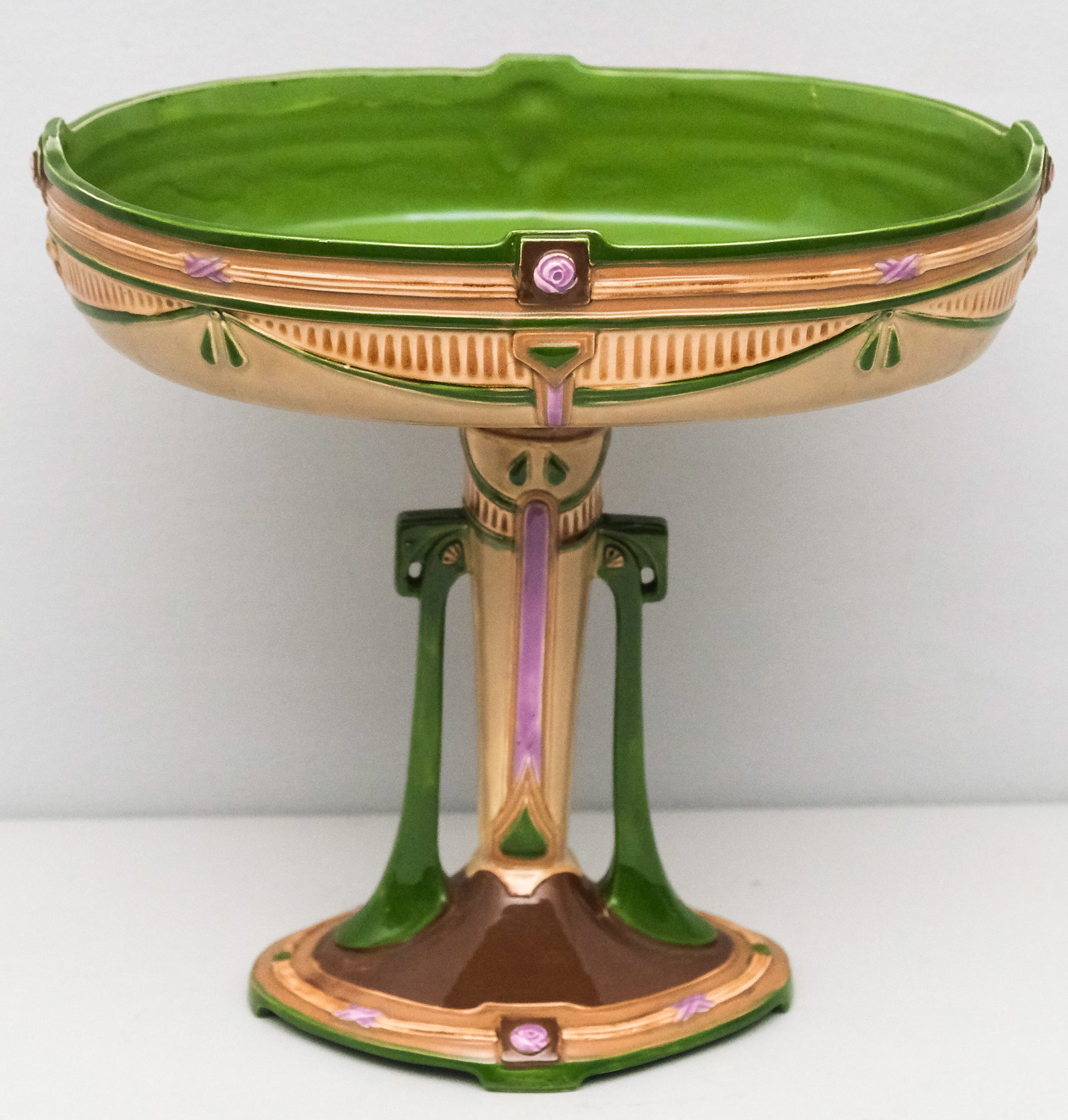 Eichwald Majolica Pottery Secessionist Tazza: Vibrant glazes with dramatic form. Marked as shown. 10 1/2" H x 11 1/2" L x 8" W