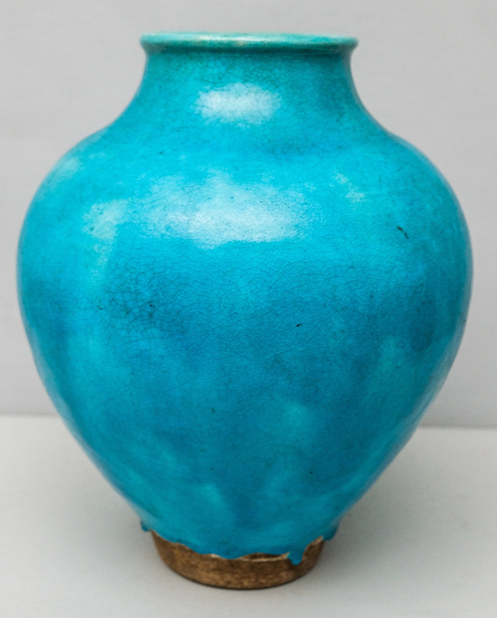Large Durand French Pottery Vase: 14" Height In vivid turquoise crackle glaze. Marked as shown.