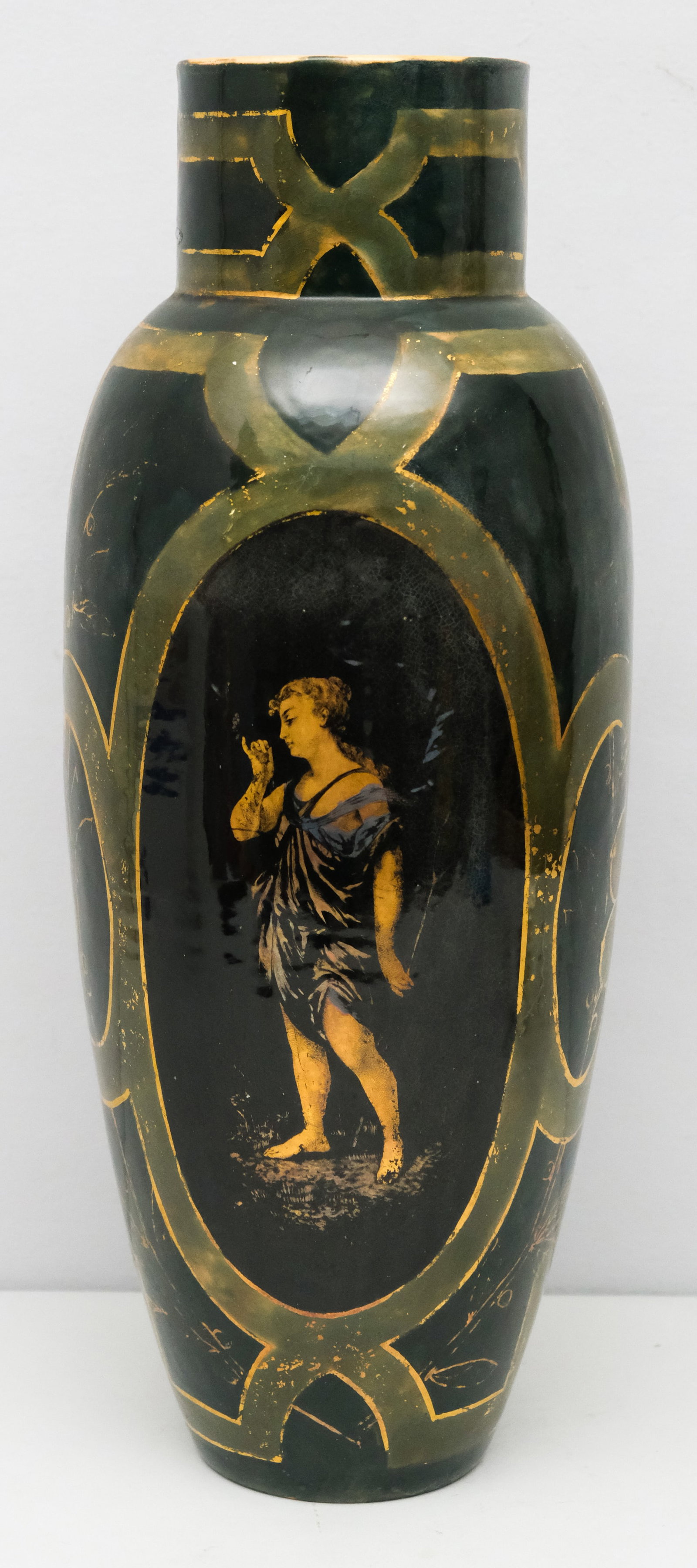 Massive Hautin Boulanger Neoclassical Pottery Vase: Choisy-Le-Roi, France, C. 1870-1900. Gilt accents and green geometric design on black body. Cartouche panel of full figure woman in woman dress.Marked as shown. 21".