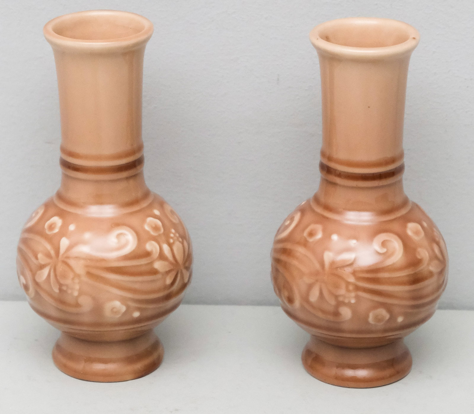 Pair of Rookwood Pottery Vases: Model 2990 in a dusty rose glaze, c.1944. Marked as shown 6 1/2" x 3 1/2" diameter