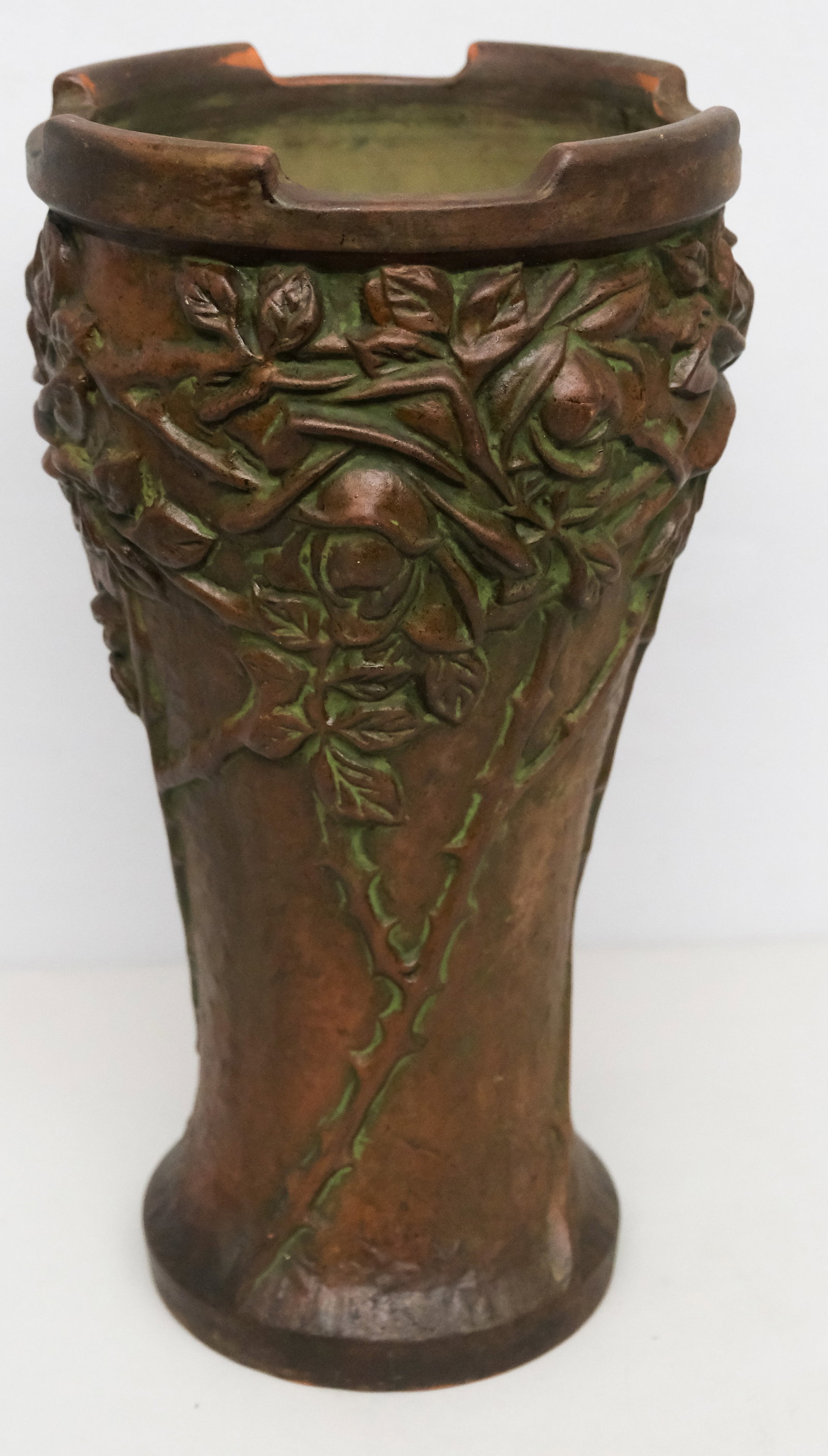 Peters & Reed Art Pottery Aztec Moss Rose Pedestal: High relied roses on matte body.