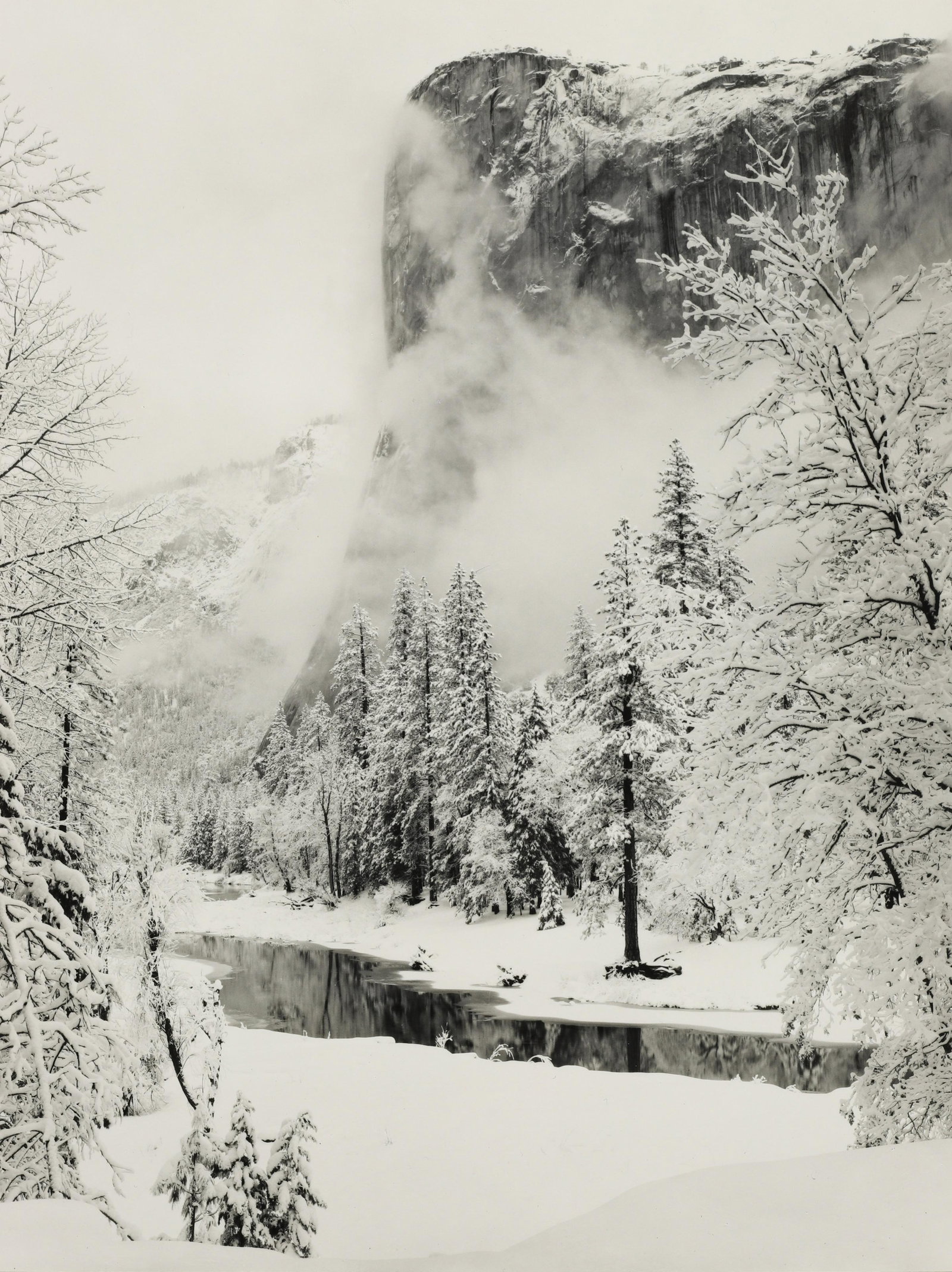 ANSEL ADAMS - El Capitan, Winter, 1948: This special edition print made by Ansel's assistant Alan Ross was likely produced in the 1980s. The Special Edition Yosemite stamp with Alan Ross's initials are on the reverse of the mount. Materials