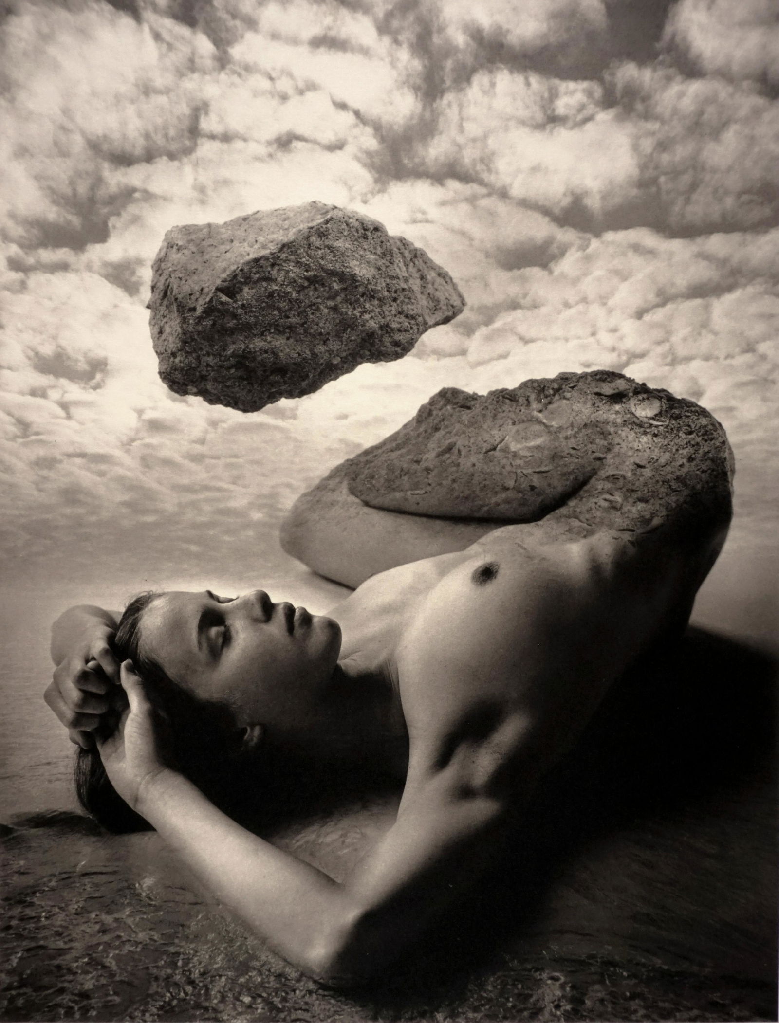 JERRY UELSMANN - Untitled (Nude), 1982 - Signed: ARTIST: JERRY UELSMANN TITLE: "Untitled (Nude), 1982" MEDIUM: Mounted Platinum/Palladium print. Printed 2010. SIZE: Image - 9 1/8" x 12", Mount - 14" x 18", Mat - 16"x20" DESCRIPTION: Signed and