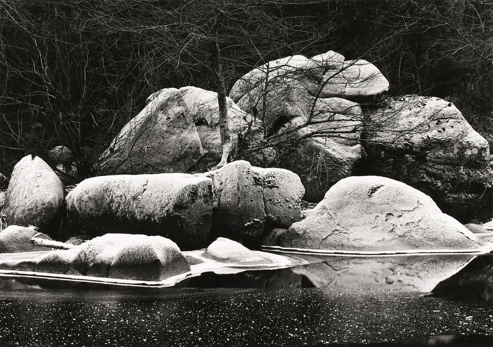 JOHN SEXTON - Frost Covered Boulders, Yosemite, 1980: ARTIST: JOHN SEXTON TITLE: 'Frost Covered Boulders, Yosemite, 1980' MEDIUM: Vintage Silver Gelatin IMAGE SIZE: 6 3/4 x 9 1/2 in DESCRIPTION: This vintage silver gelatin print is signed, dated and dedi