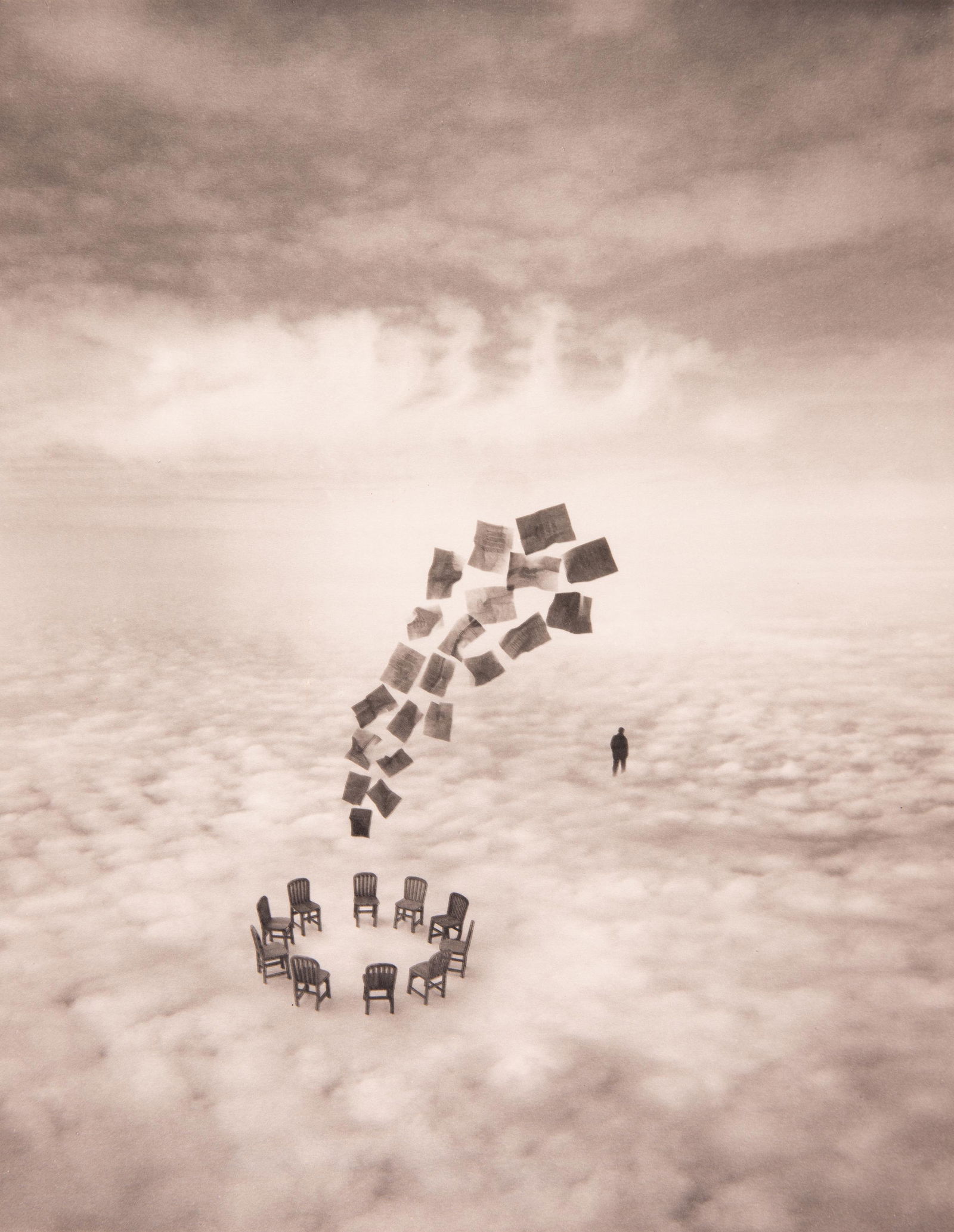 JERRY UELSMANN - The Committee, 2002: ARTIST: Jerry Uelsmann TITLE: The Committee, 2002 MEDIUM: Platinum / Palladium IMAGE SIZE: 12 x 9 1/4 in DESCRIPTION: Printed in 2010, this platinum print is trimmed to the image and hinged to an 18x1