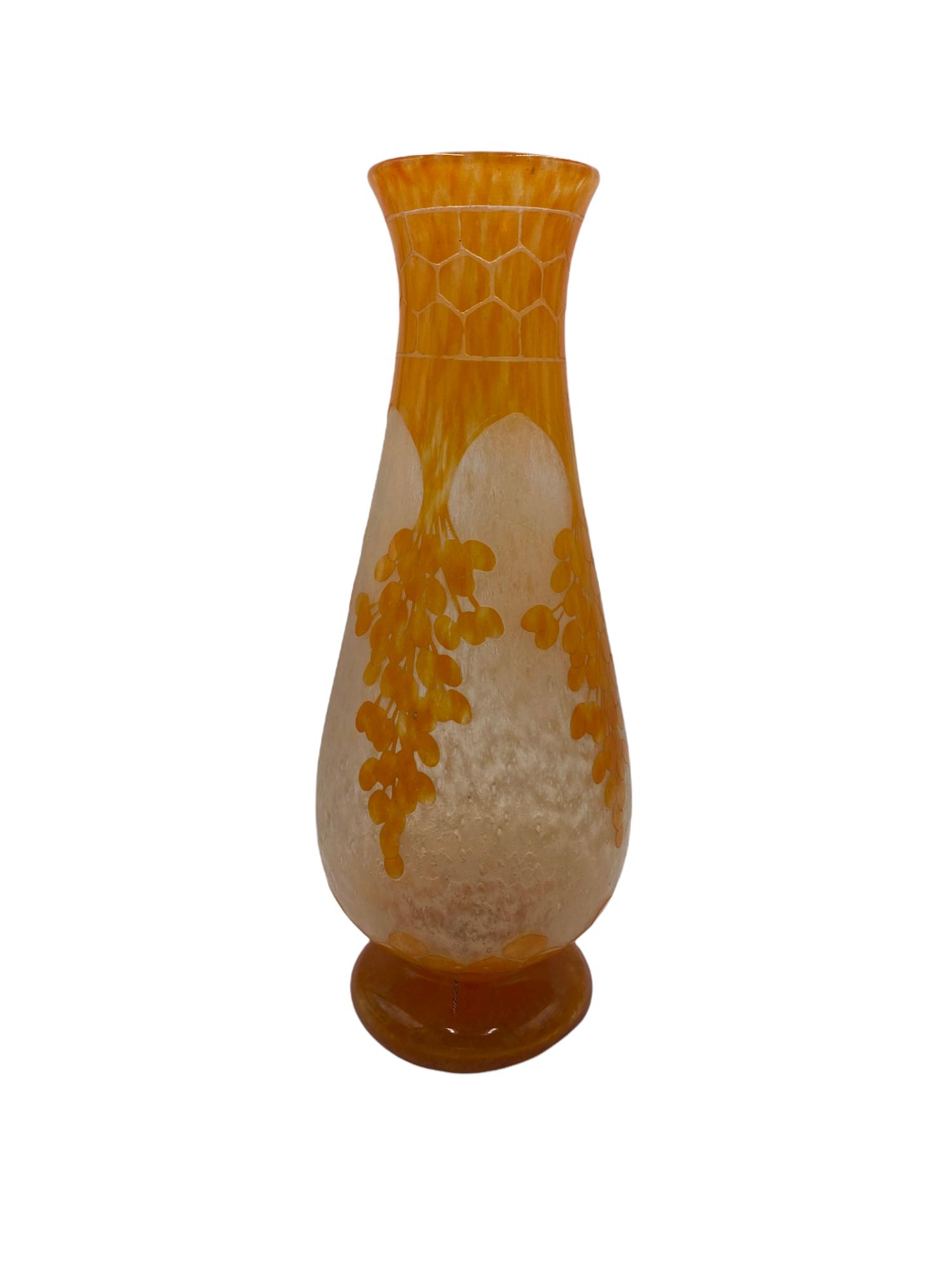 Charles Schneider (French, 1881-1953): Charles Schneider (French, 1881-1953), LE VERRE FRANCAIS DATE-PALME VASE. A wonderful large vase with cameo Date-Palme design with mottled orange glass against a nicely mottled yellow background. The