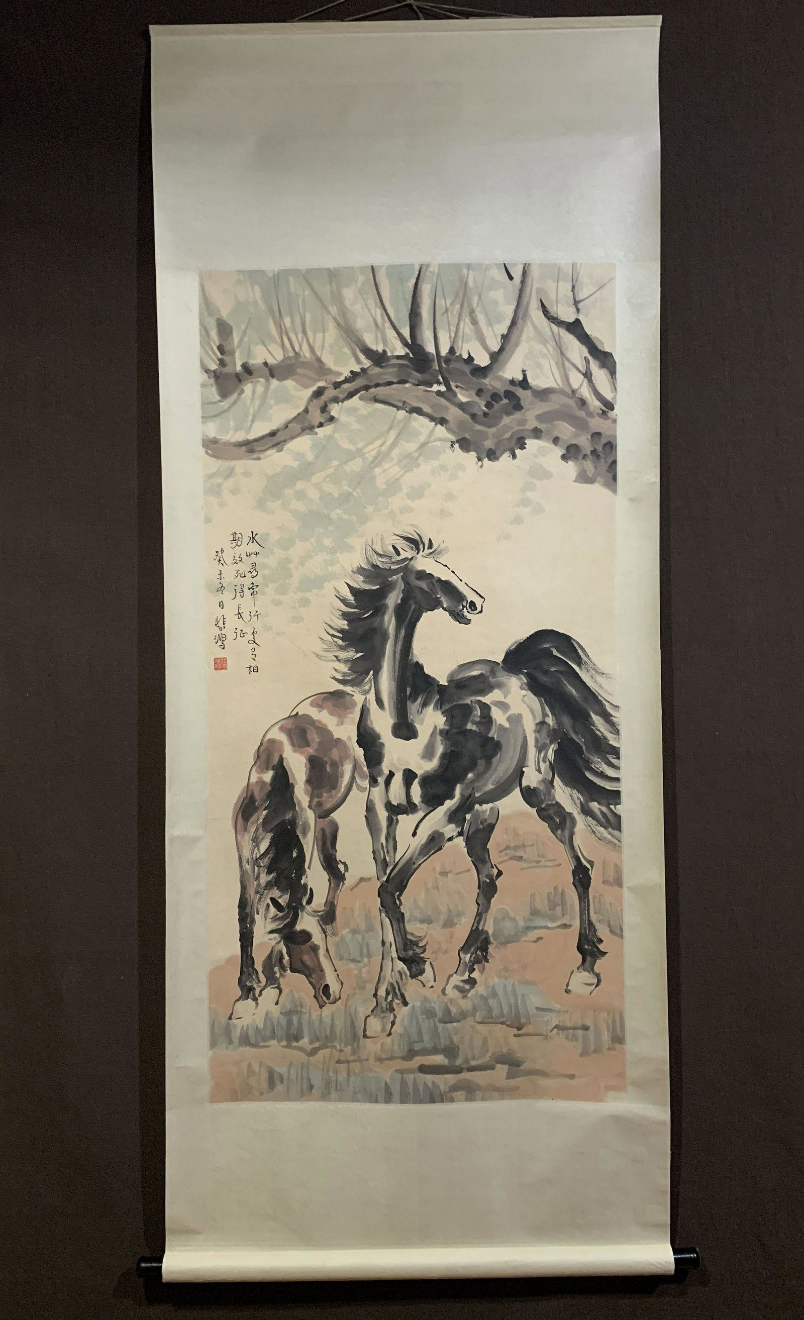 A Chinese Double Horses Painting, Xu Beihong Mark: A Chinese Double Horses Painting, Xu Beihong Mark 135x67cm