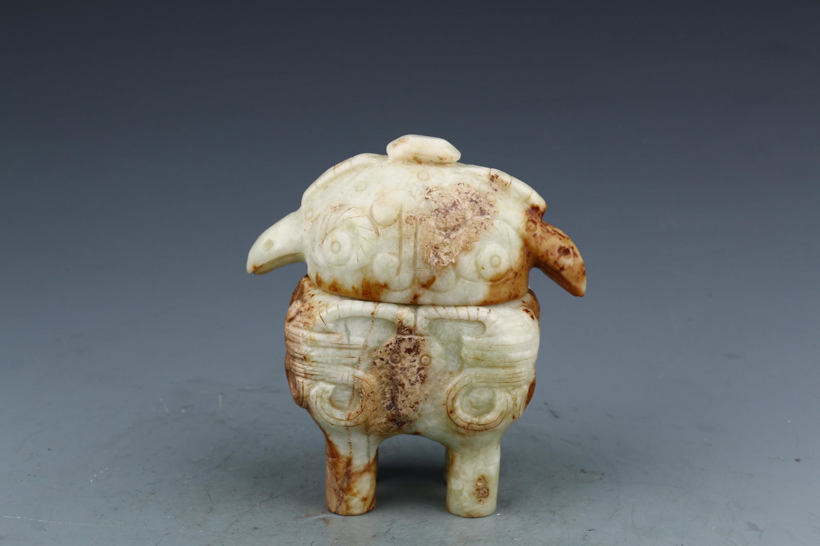 Ancient Jade Incense Burner with Animal Mask Design: B13cm H14cm