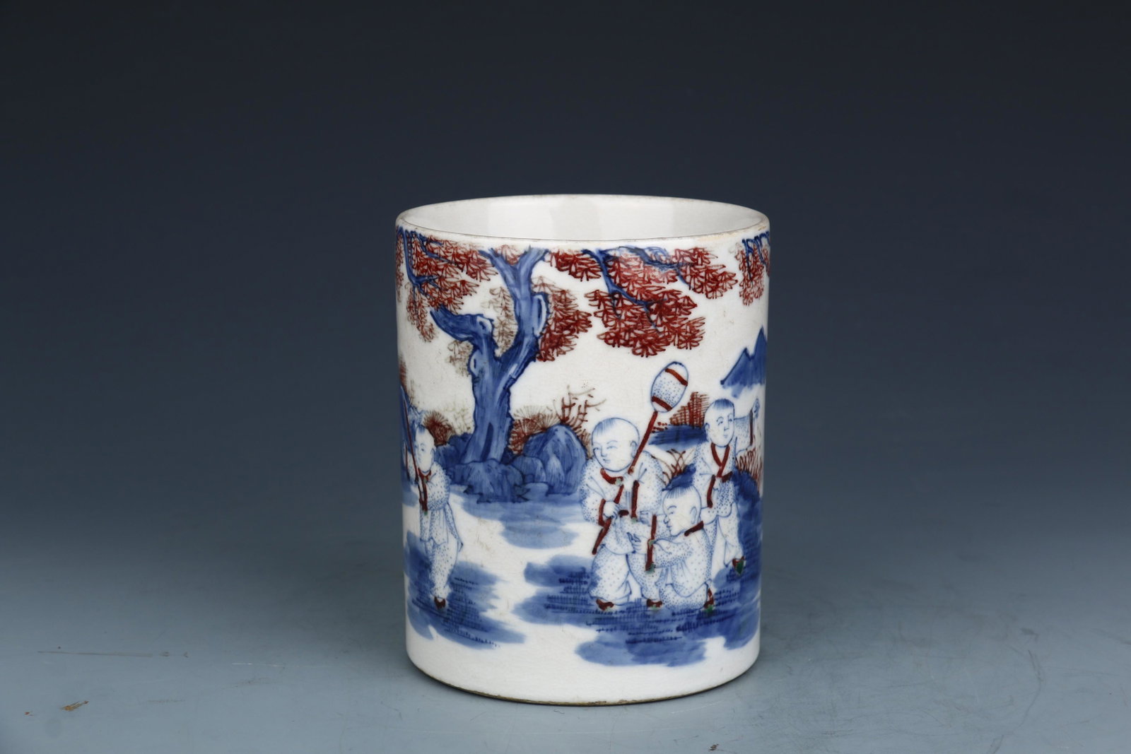 Blue-and-white Underglaze Red Brush Pot: B12cm H15cm