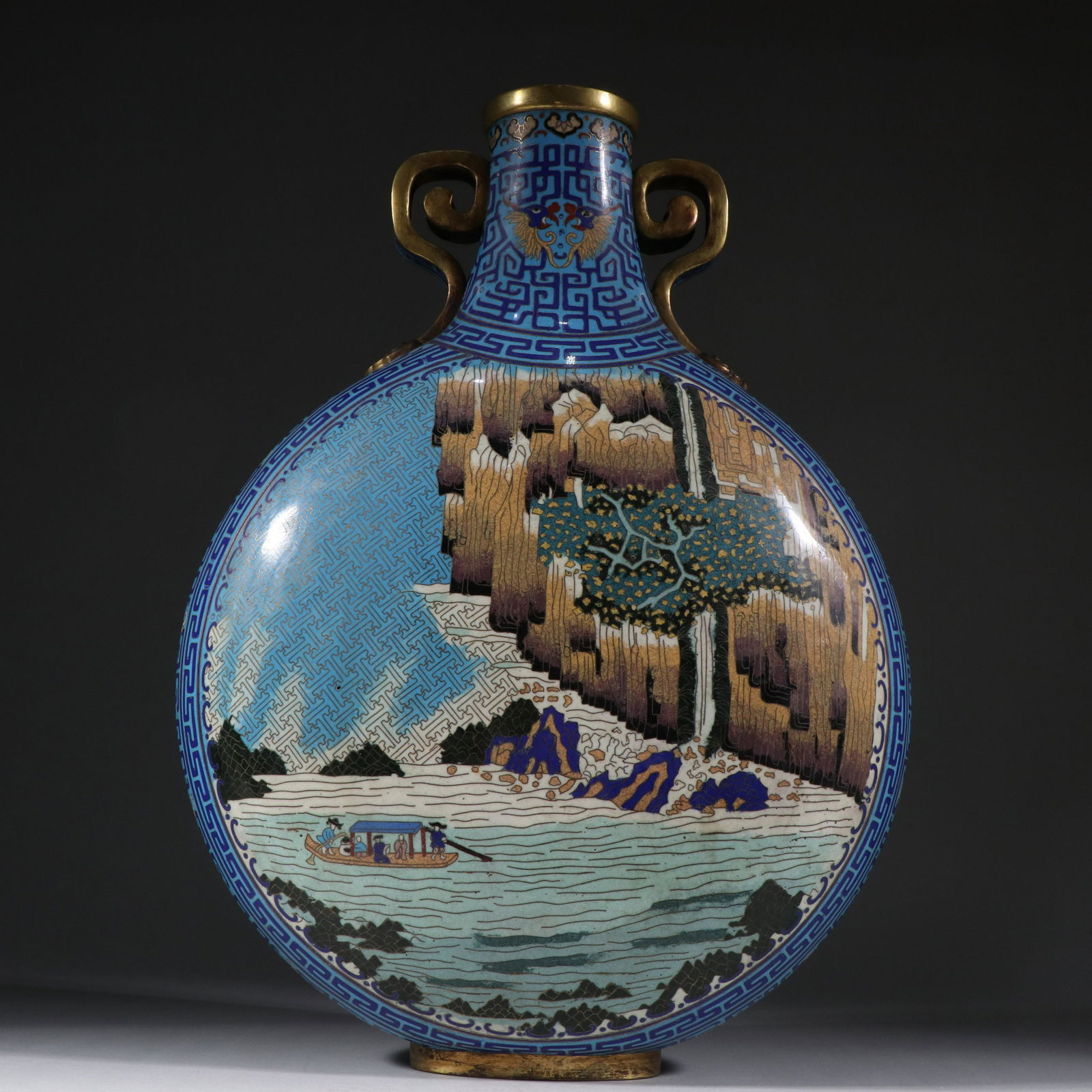 A QING DYNASTY TQIANLONG CLOISONNE LANDSCAPE MOON: A QING DYNASTY TQIANLONG CLOISONNE LANDSCAPE MOON FLASKS H47cm W33cm