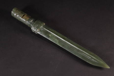 JADE SWORD: Name JADE SWORD Material JADE Dimensions L3.5CM H28CM Condition Additional photographs and Condition reports are provided by request as a courtesy to our clients, as such any condition