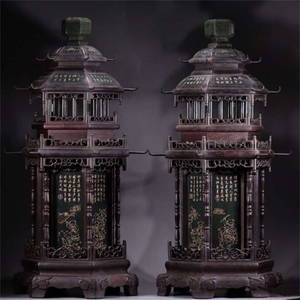IN QING DYNASTY, ROSEWOOD INLAID WITH JASPER PALACE LAMP PAIR