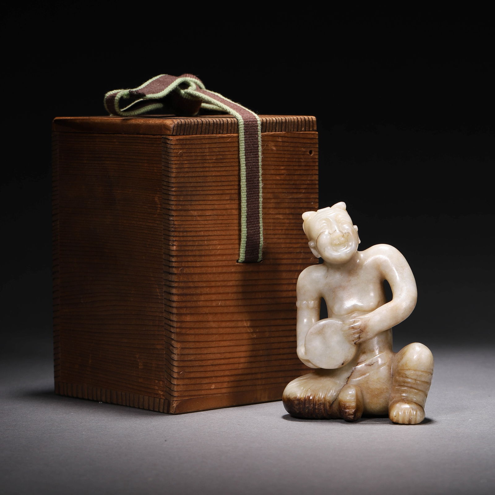 Jade Figure and Drum: Name Jade Figure and Drum Dimensions Length:6.2cm, Width:3.2cm, Height:9.5cm, Condition Additional photographs and Condition reports are provided by request as a courtesy to our clients