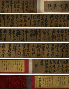 Chinese Calligraphy Ink and Color on Paper Hand Scroll Attribute to Yue Fei: Name Chinese Calligraphy Ink and Color on Paper Hand Scroll Attribute to Yue Fei Dimensions Length:1020cm, Width:36cm, Condition Additional photographs and Condition reports are provided
