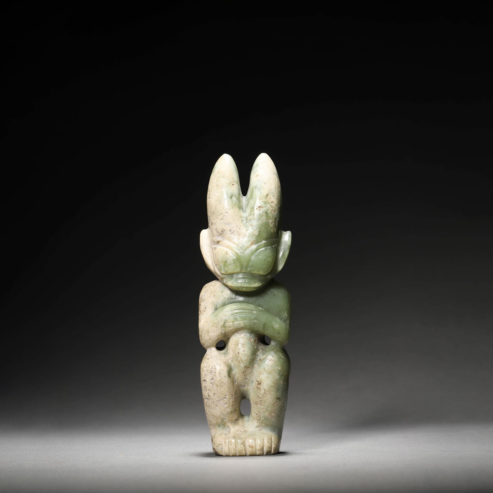 Celadon Jade Apollo Figurine: Name Celadon Jade Apollo Figurine Dimensions Length:4.2cm, Height:13cm, Condition Additional photographs and Condition reports are provided by request as a courtesy to our clients, as such