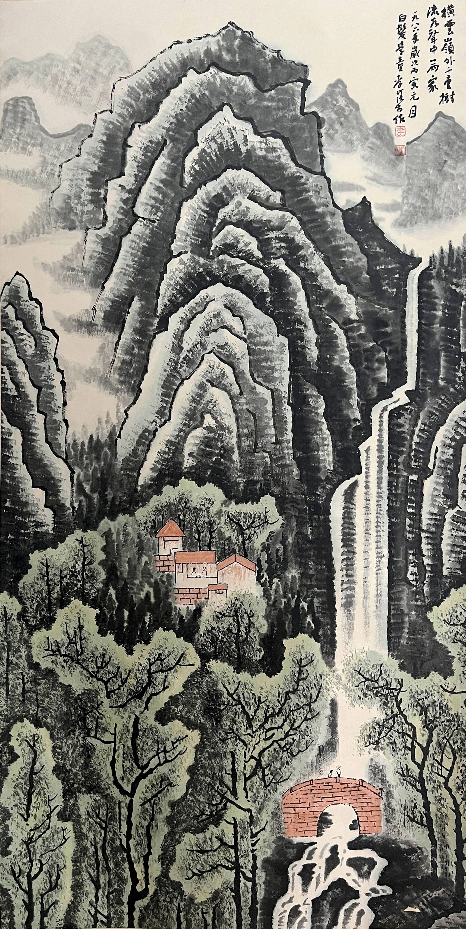 Li Keran Mark, Chinese Landscape Painting Ink and Color On Paper, Hanging Scroll: Name Li Keran Mark, Chinese Landscape Painting Ink and Color On Paper, Hanging Scroll Dimensions Length:136cm, Width:67cm, Condition Additional photographs and Condition reports are provid