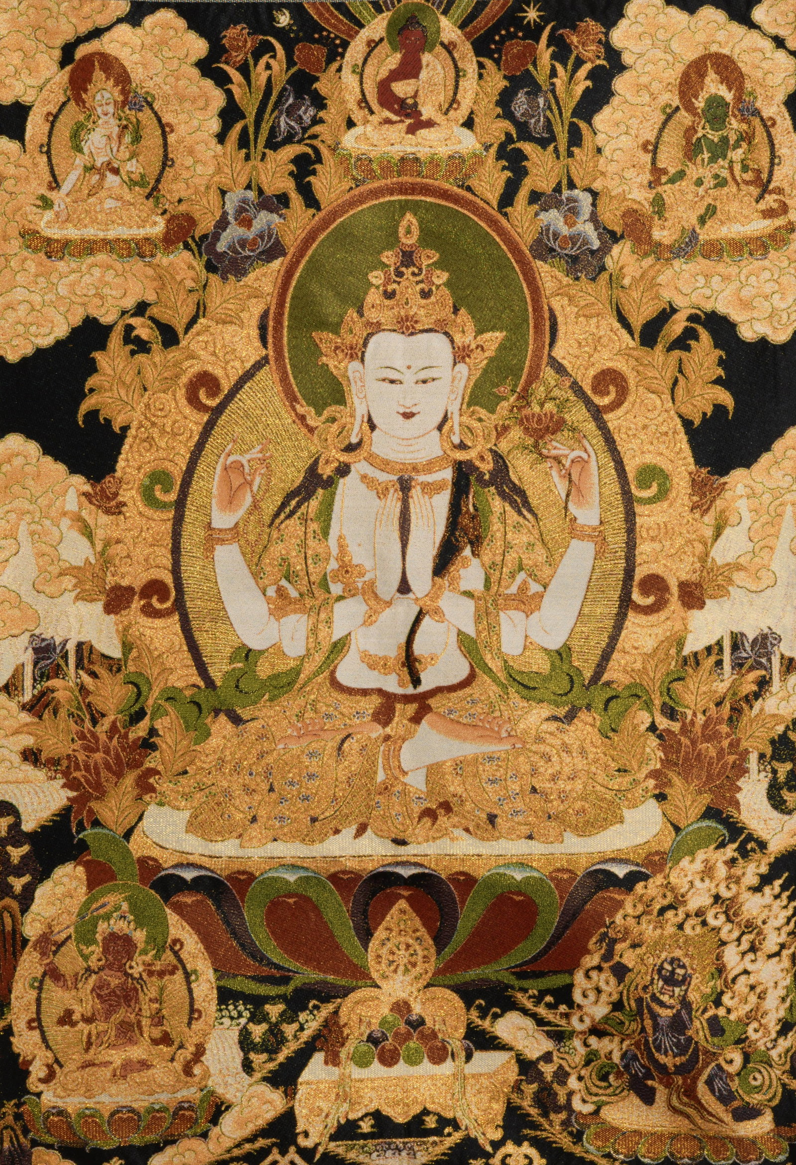 Embroidered Panel of Four-armed Avalokitesvara: Name Embroidered Panel of Four-armed Avalokitesvara Dimensions Length:86cm, Width:59cm, Condition Additional photographs and Condition reports are provided by request as a courtesy to our