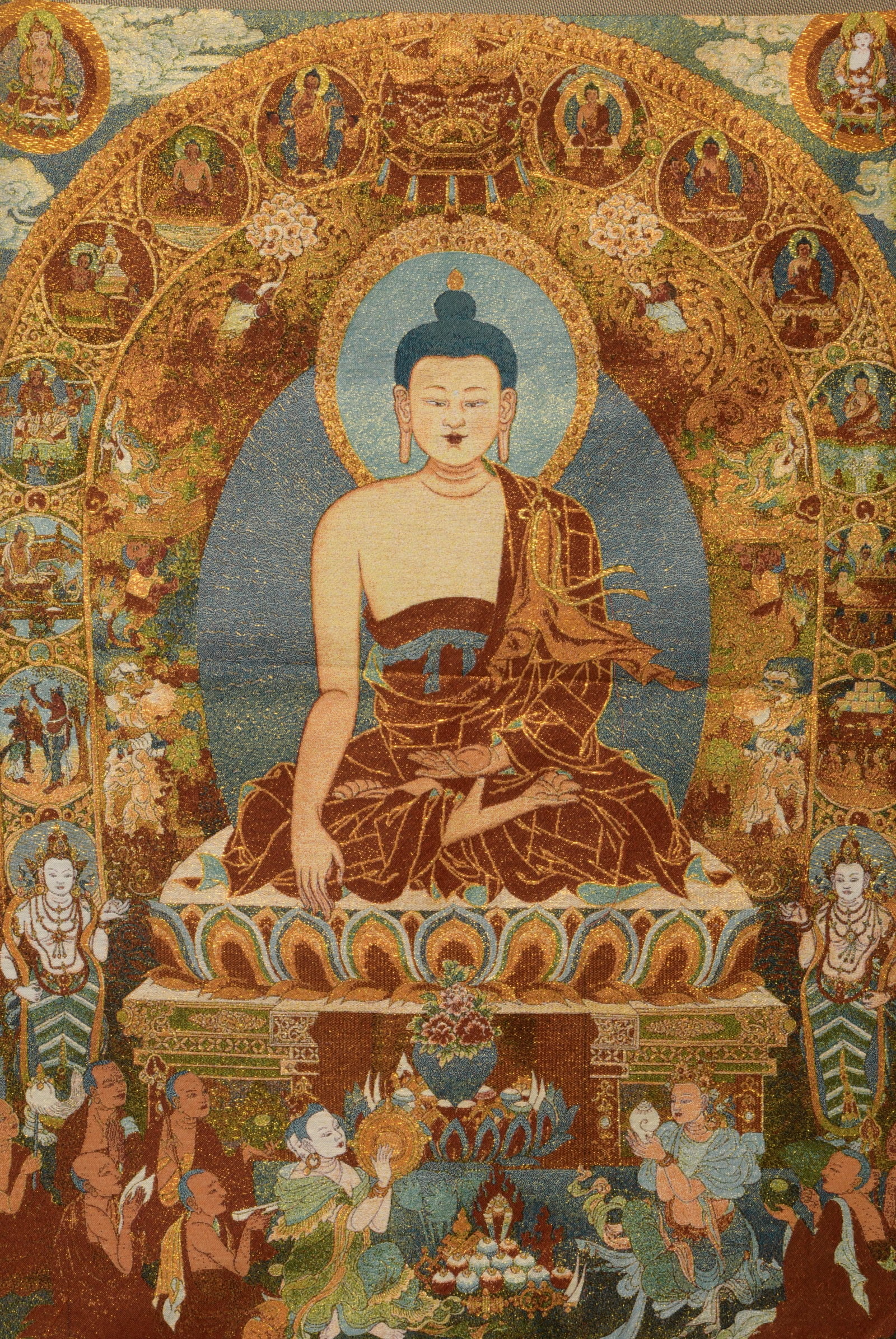 Embroidered Panel of Shakyamuni: Name Embroidered Panel of Shakyamuni Dimensions Length:85cm, Width:58cm, Condition Additional photographs and Condition reports are provided by request as a courtesy to our clients, as suc