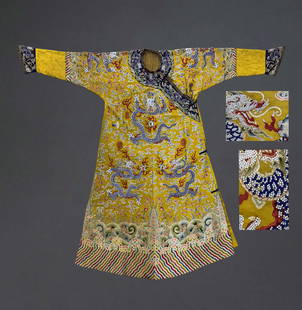 QING DYNASTY EMBROIDERED PEARL LAPIS LAZULI DRAGON ROBE WITH TWELVE CHAPTERS: Name QING DYNASTY EMBROIDERED PEARL LAPIS LAZULI DRAGON ROBE WITH TWELVE CHAPTERS Dimensions H:140CM Condition Additional photographs and Condition reports are provided by request as a