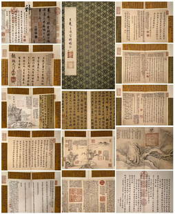 Pages of Chinese landscape painting and calligraphy scroll, Wang Xizhi mark,Jin Dynasty,China: 33x21cm