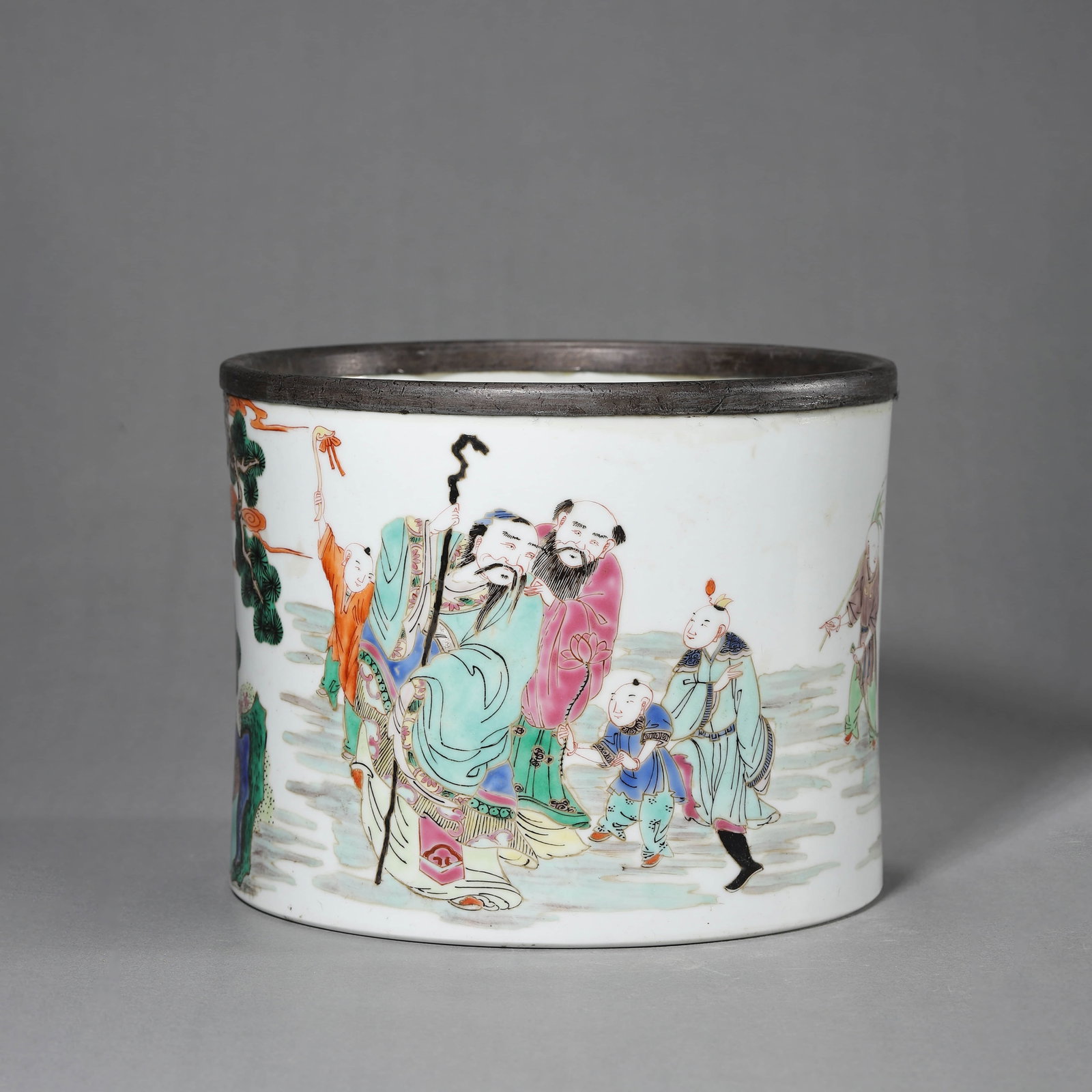Wucai Glaze Figure Brush Pot: Name Wucai Glaze Figure Brush Pot Dimensions Diam.19.5cm, Height: 15.5cm, Condition Additional photographs and Condition reports are provided by request as a courtesy to our client