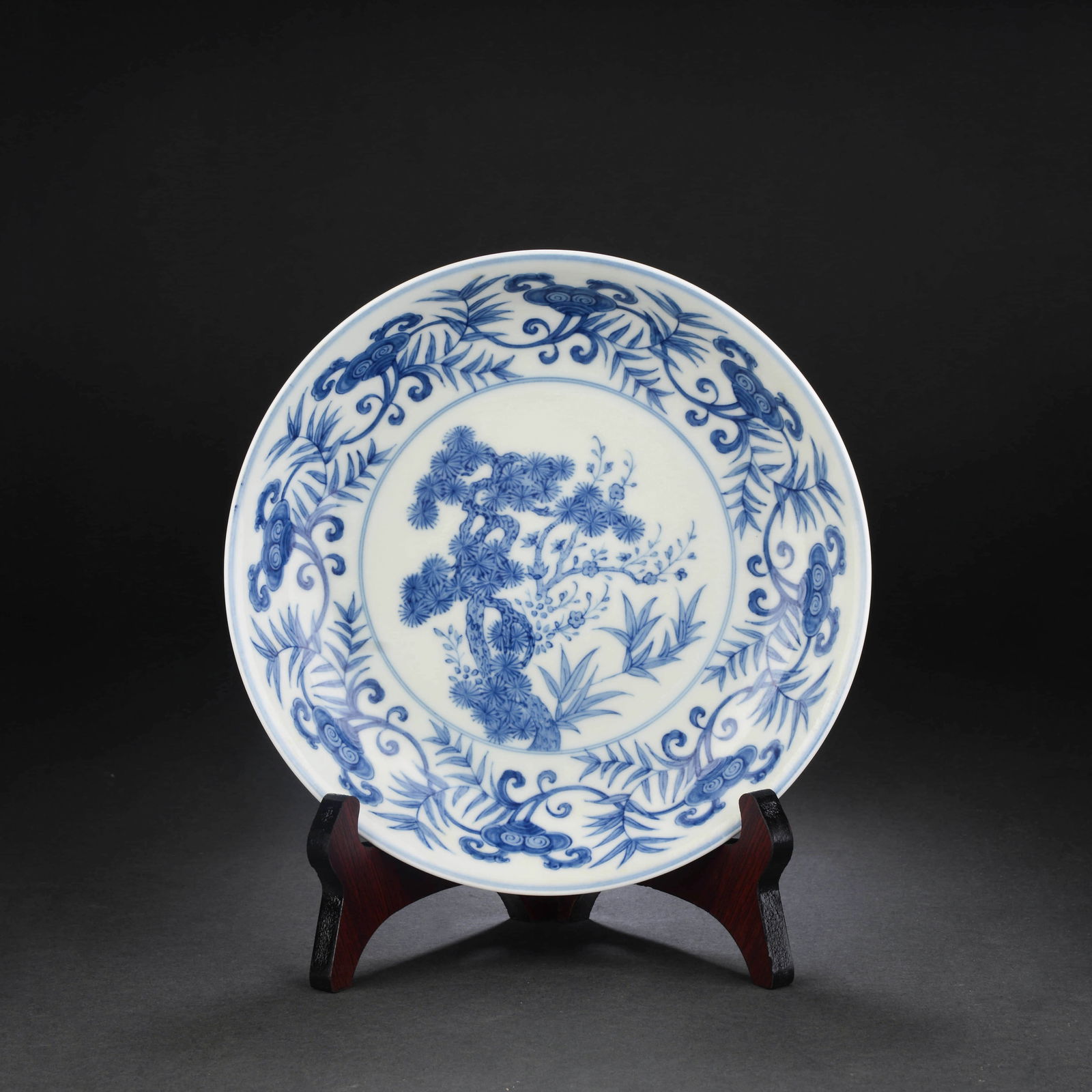 Blue And White Pine, Bamboo And Prunus Plate: Name Blue And White Pine, Bamboo And Prunus Plate Dimensions Diam.20.5cm, Condition Additional photographs and Condition reports are provided by request as a courtesy to our client