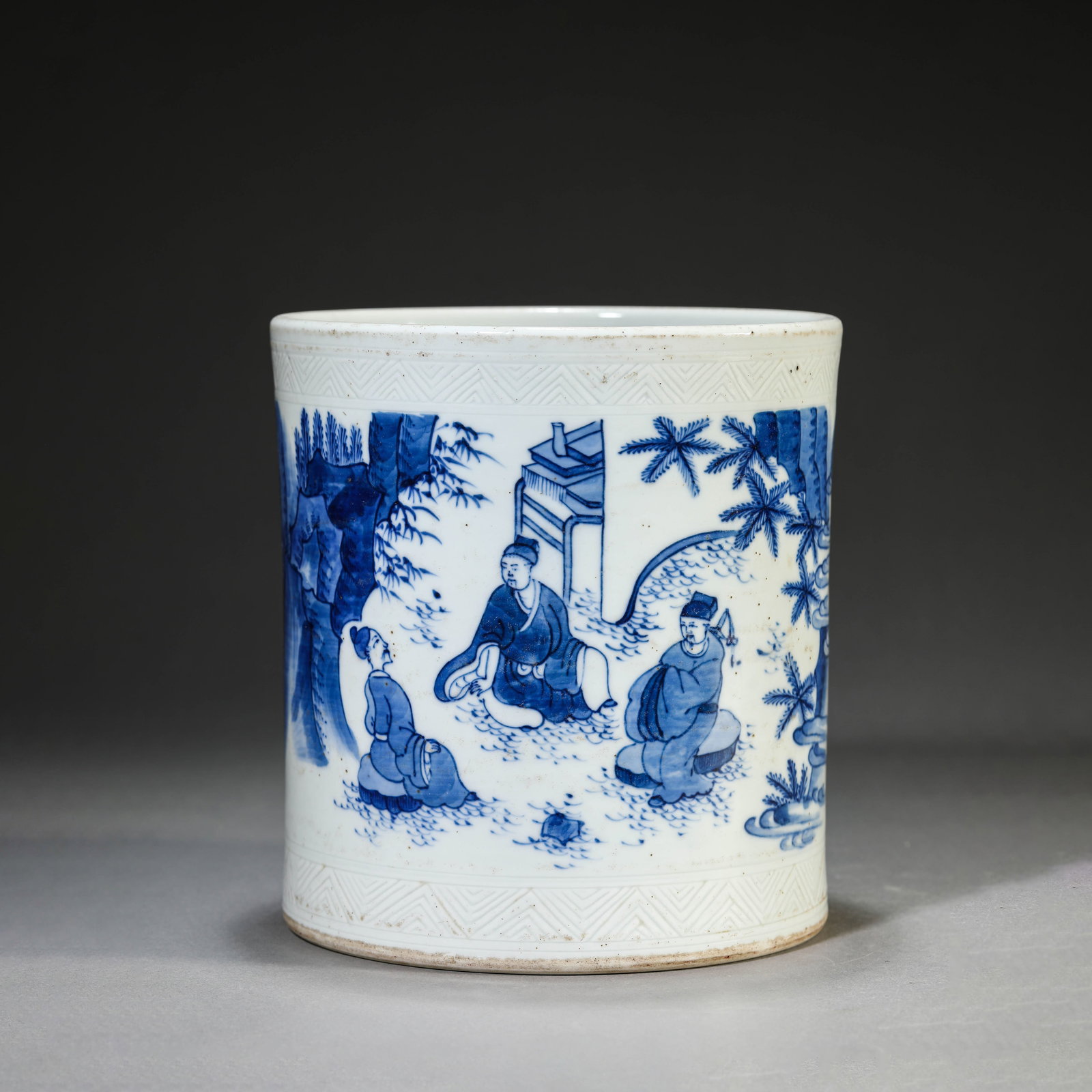Blue and White Figure Brush Pot: Name Blue and White Figure Brush Pot Dimensions Width: 17cm Height: 18cm Condition Additional photographs and Condition reports are provided by request as a courtesy to our clients,