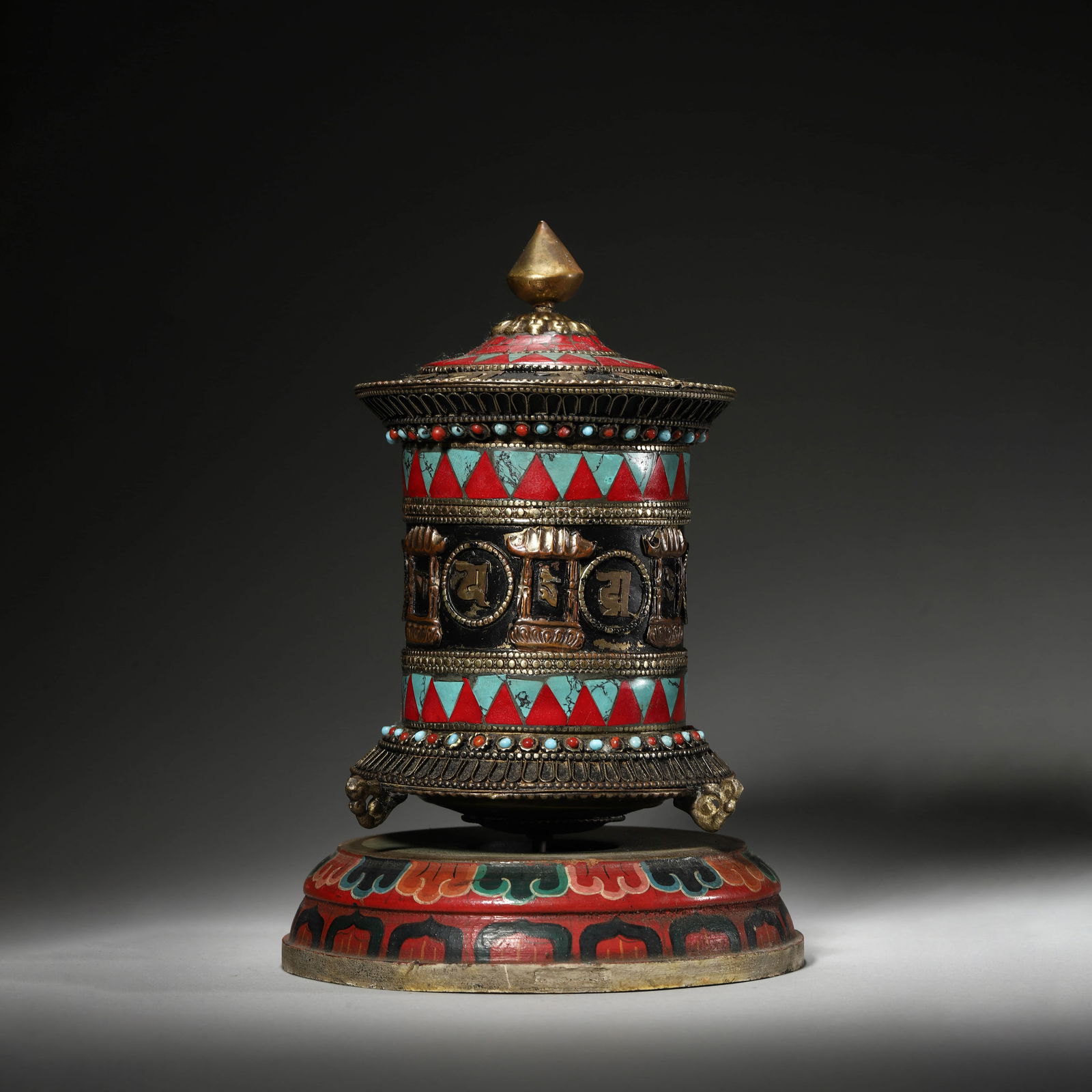 Gems Inlaid Bronze Praying Wheel: Name Gems Inlaid Bronze Praying Wheel Dimensions Diam14cm Height: 21cm Condition Additional photographs and Condition reports are provided by request as a courtesy to our clients,