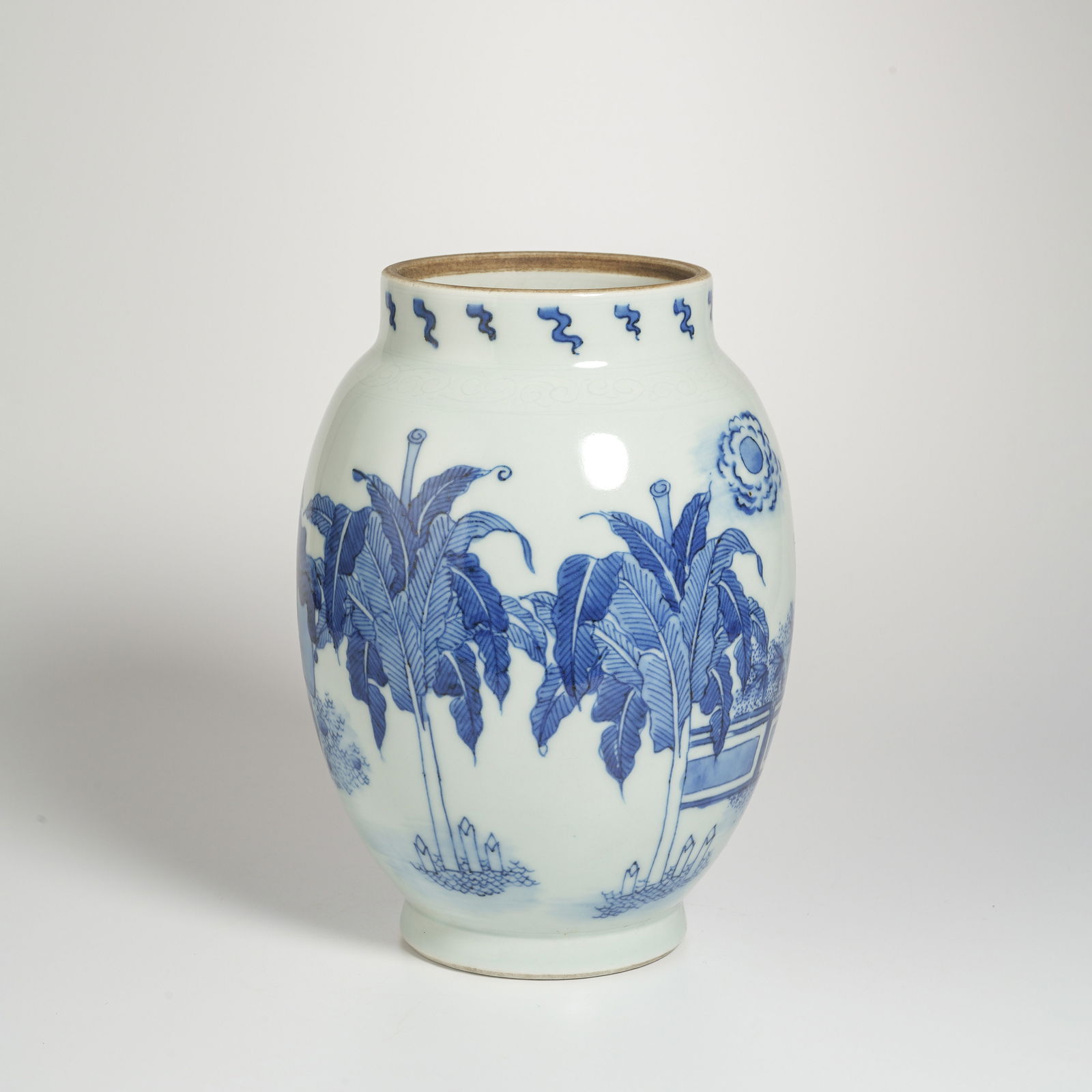 Blue and White Plantain Jar and Cover: Name Blue and White Plantain Jar and Cover Dimensions Diam11.5cm Height: 19cm Condition Additional photographs and Condition reports are provided by request as a courtesy to our clien