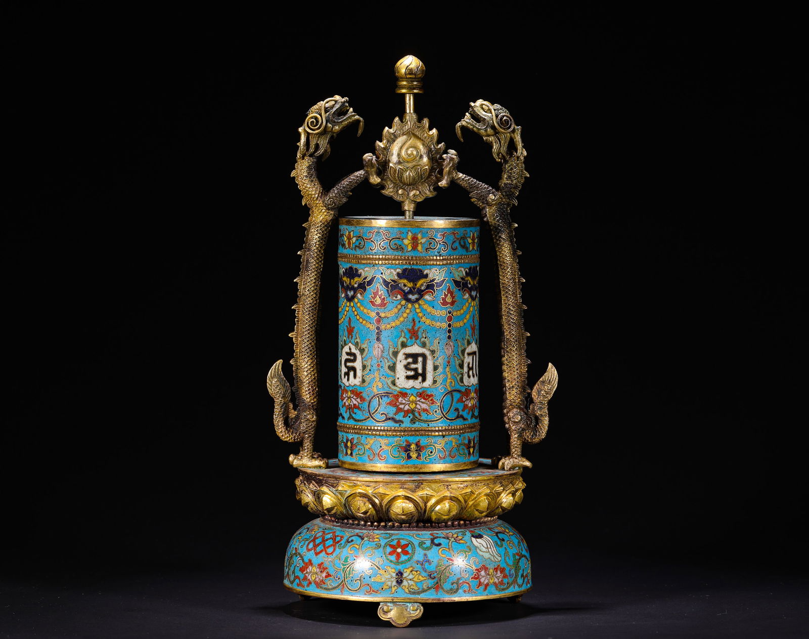 Qing Dynasty Qianlong copper cloisonne enamel prayer wheel: Name Qing Dynasty Qianlong copper cloisonne enamel prayer wheel Dimensions H:25cmW:12cmWeight:1230g Condition Additional photographs and condition reports are available upon reque
