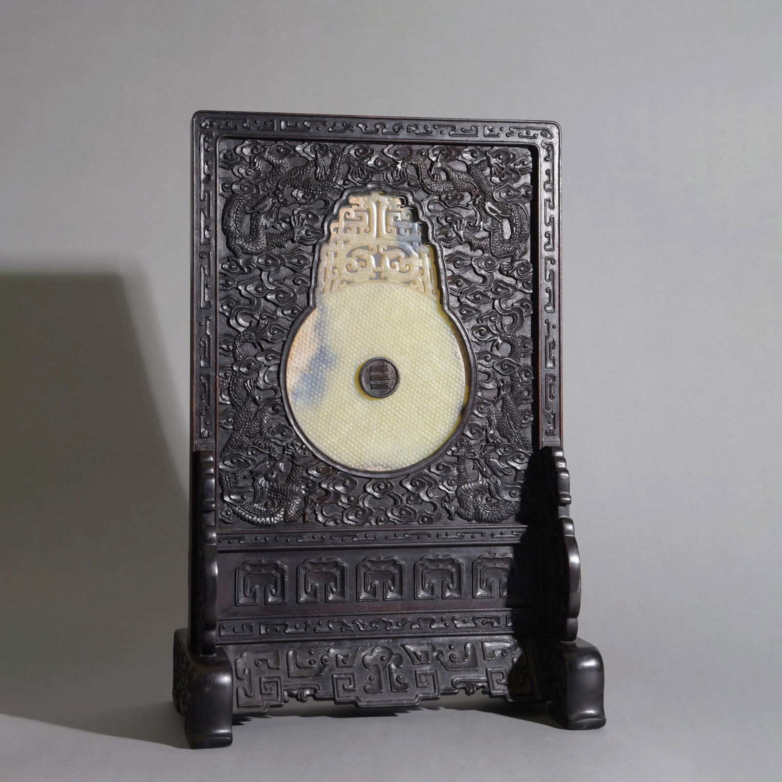 Carved?Chinese?Jade?Table?Screen?With?Sandalwood?Frame: Name Carved?Chinese?Jade?Table?Screen?With?Sandalwood?Frame Dimensions Length:29.8cm; Height:48cm;? Condition Additional photographs and condition reports are available upon request as a