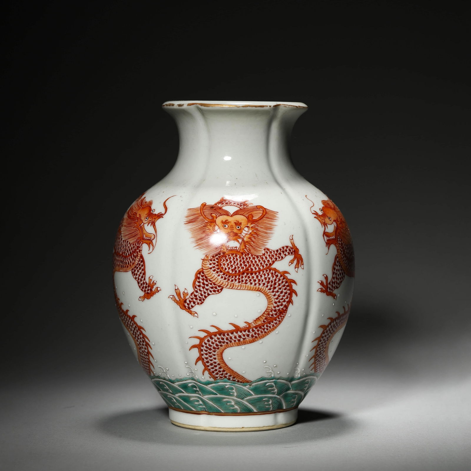 Iron Red Glaze Five-Dragon Vase: Name Iron Red Glaze Five-Dragon Vase Dimensions Diam.12cm Height:16cm Condition Additional photographs and condition reports are available upon request as a courtesy to our clients. Any