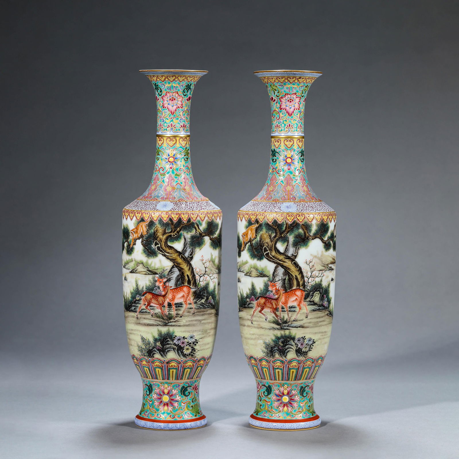 Pair of Famille-rose "Immortal Deer" Presentation Vases (Restored): Name Pair of Famille-rose "Immortal Deer" Presentation Vases (Restored) Dimensions 9.9cm?x?35.3cm? Condition Additional photographs and condition reports are available upon request as a