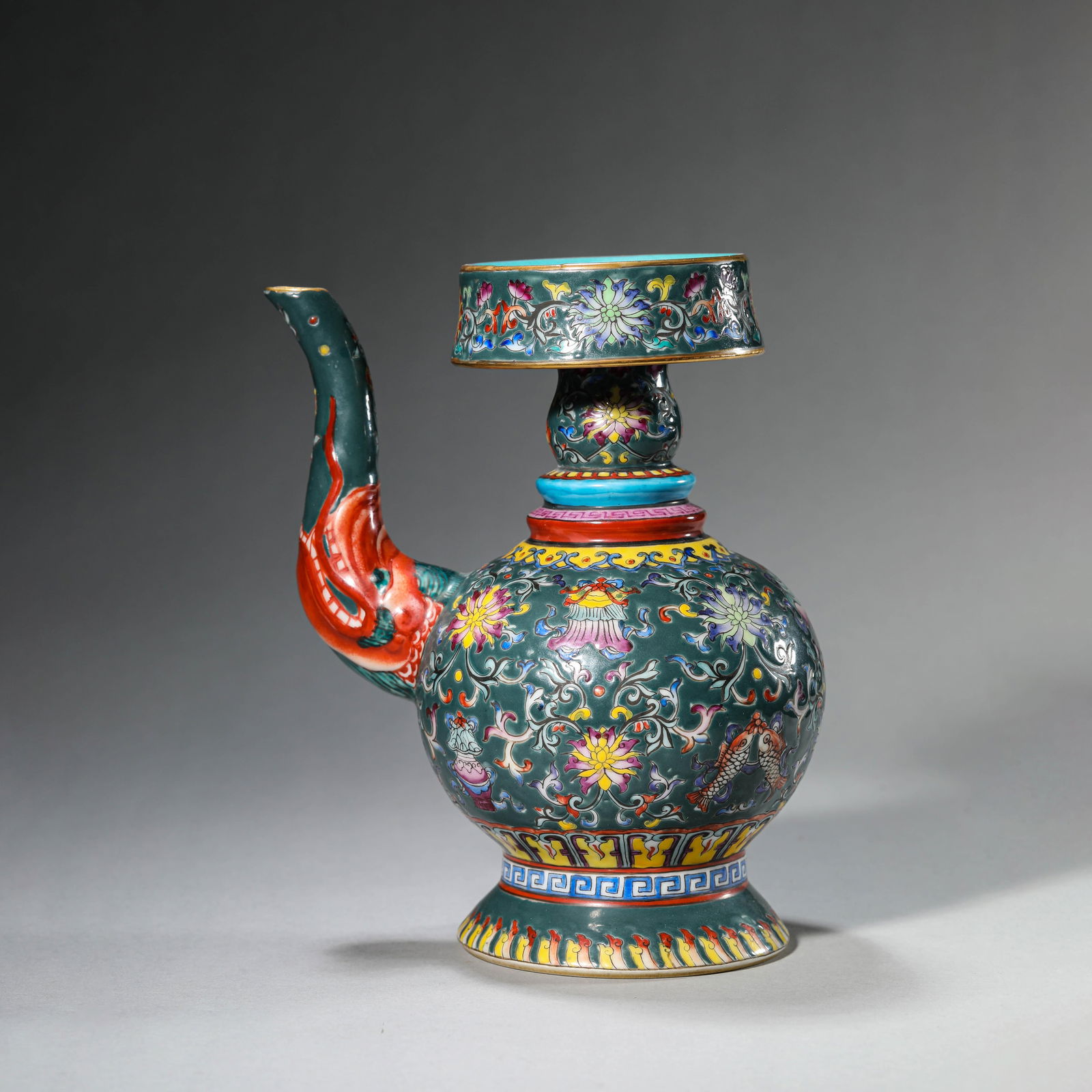 Famille-Rose "Eight-Buddhist-Emblems" Ritual Ewer?: Name Famille-Rose "Eight-Buddhist-Emblems" Ritual Ewer? Dimensions Length:17.8cm Width:11.5cm Height:19.8cm Condition Additional photographs and condition reports are available upon