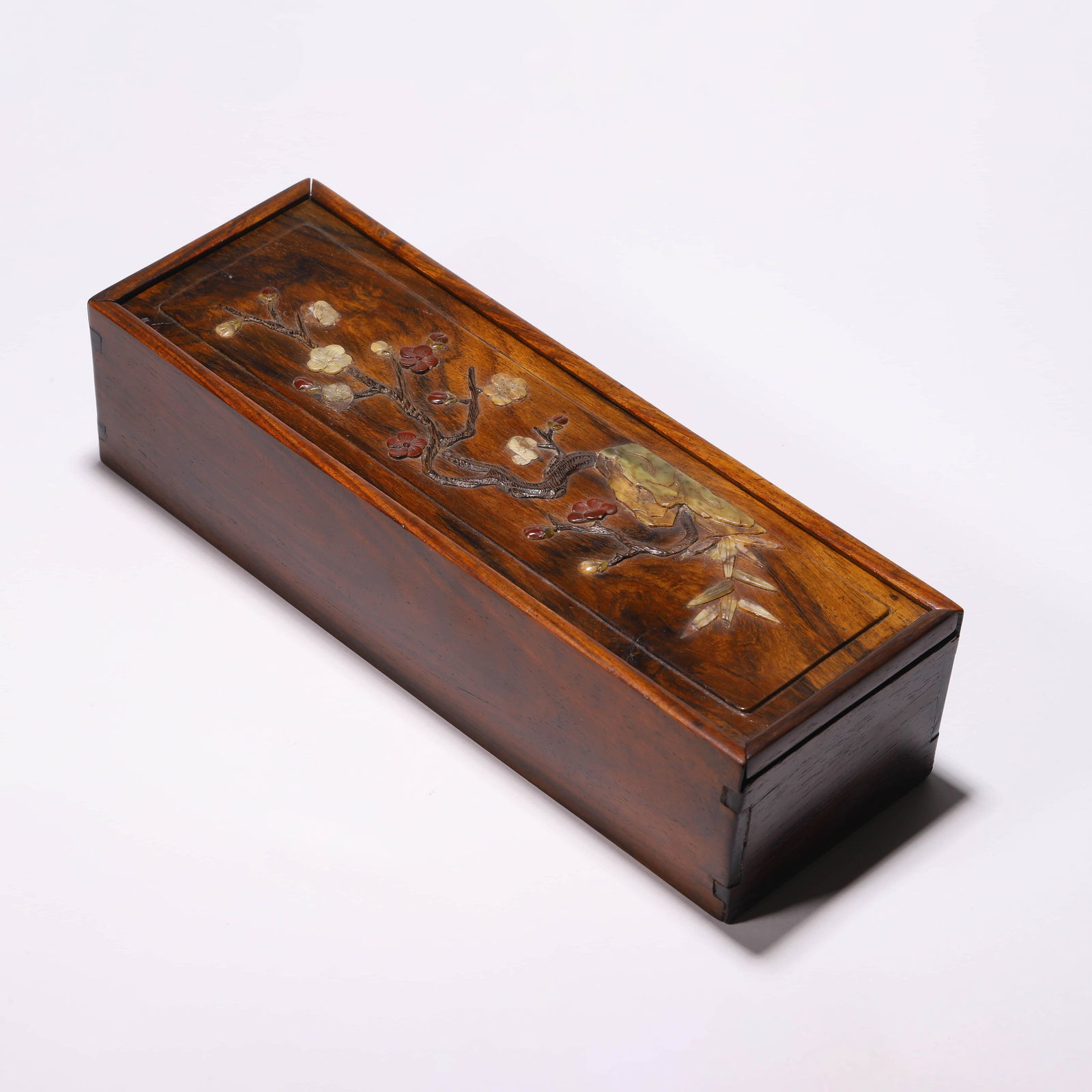 Chinese Huang Hua Li Carving of a Box and Cover Inlaid with Gems (1 of 10)