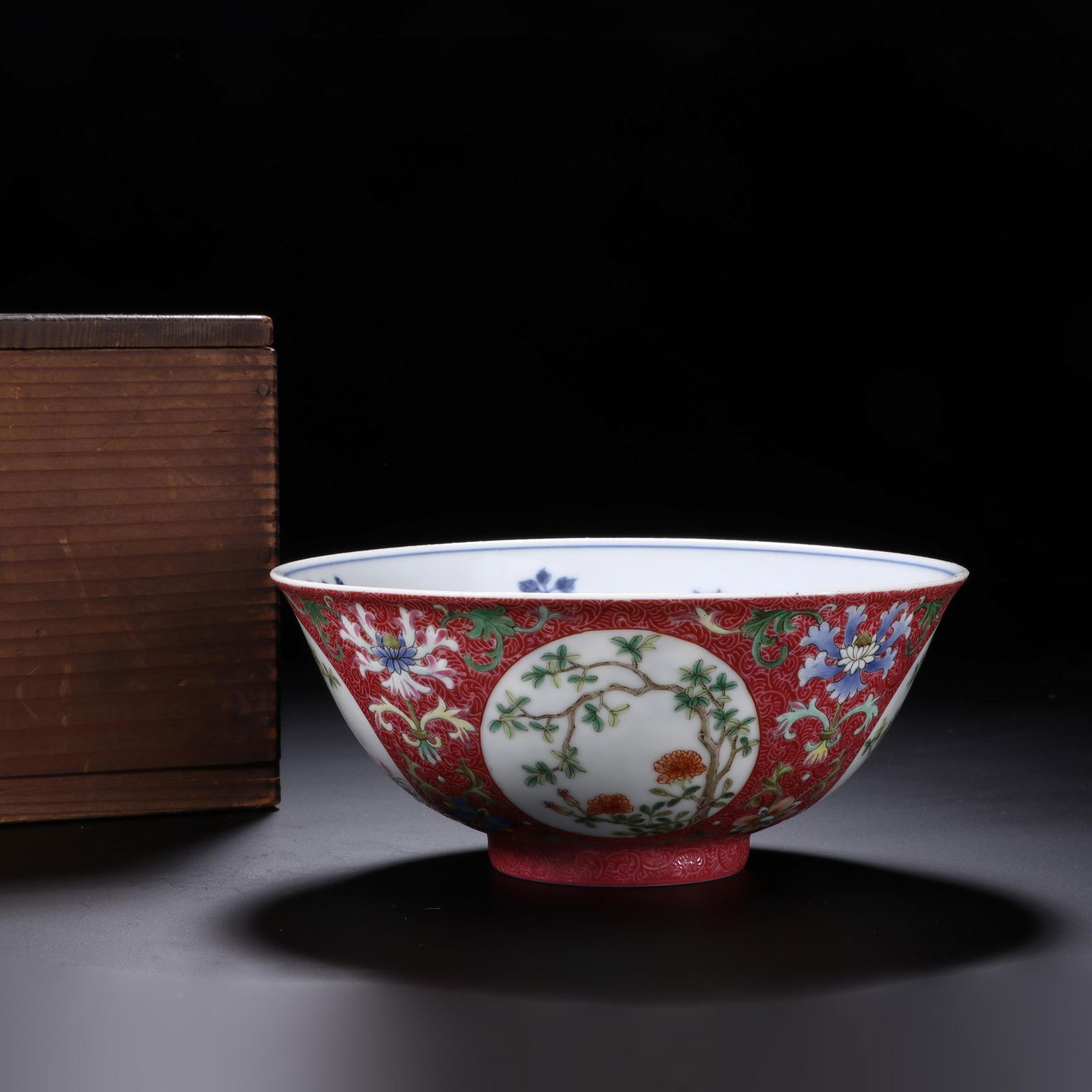 Famille-Rose "Floral" Bowl With Reserved Panels On A Red Ground (1 of 9)