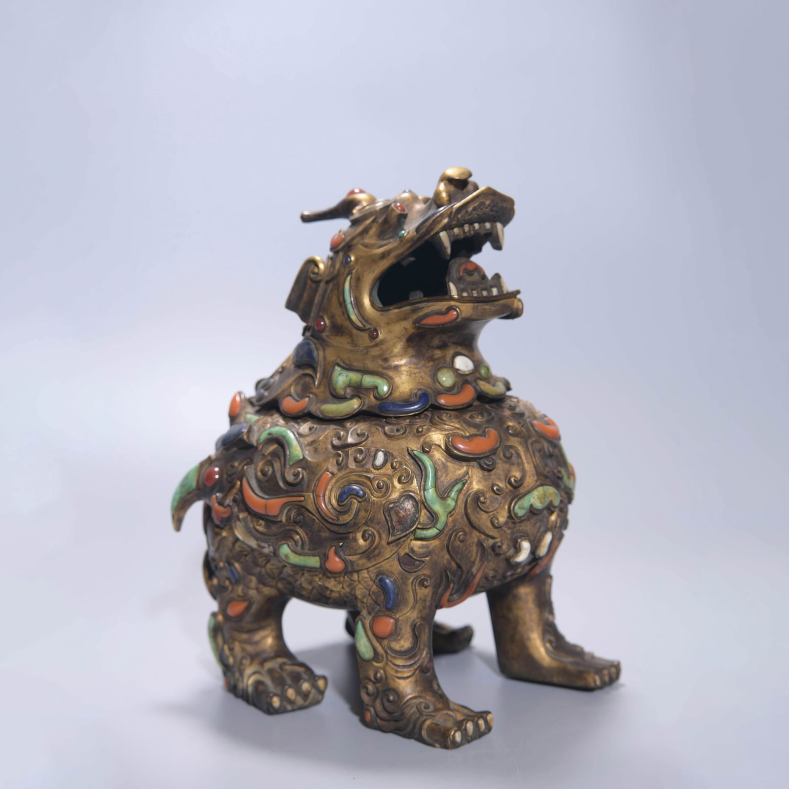 Hardstone Inlaid Gilt Bronze Beast Incense Burner (1 of 8)