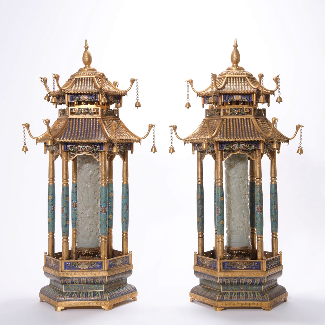 Pair?of?White?Jade?Inlaid?Cloisonne?Enamel?Pagoda: Name Pair?of?White?Jade?Inlaid?Cloisonne?Enamel?Pagoda Dimensions Length:28cm; Height:55cm;? Condition Additional photographs and condition reports are available upon request as a co