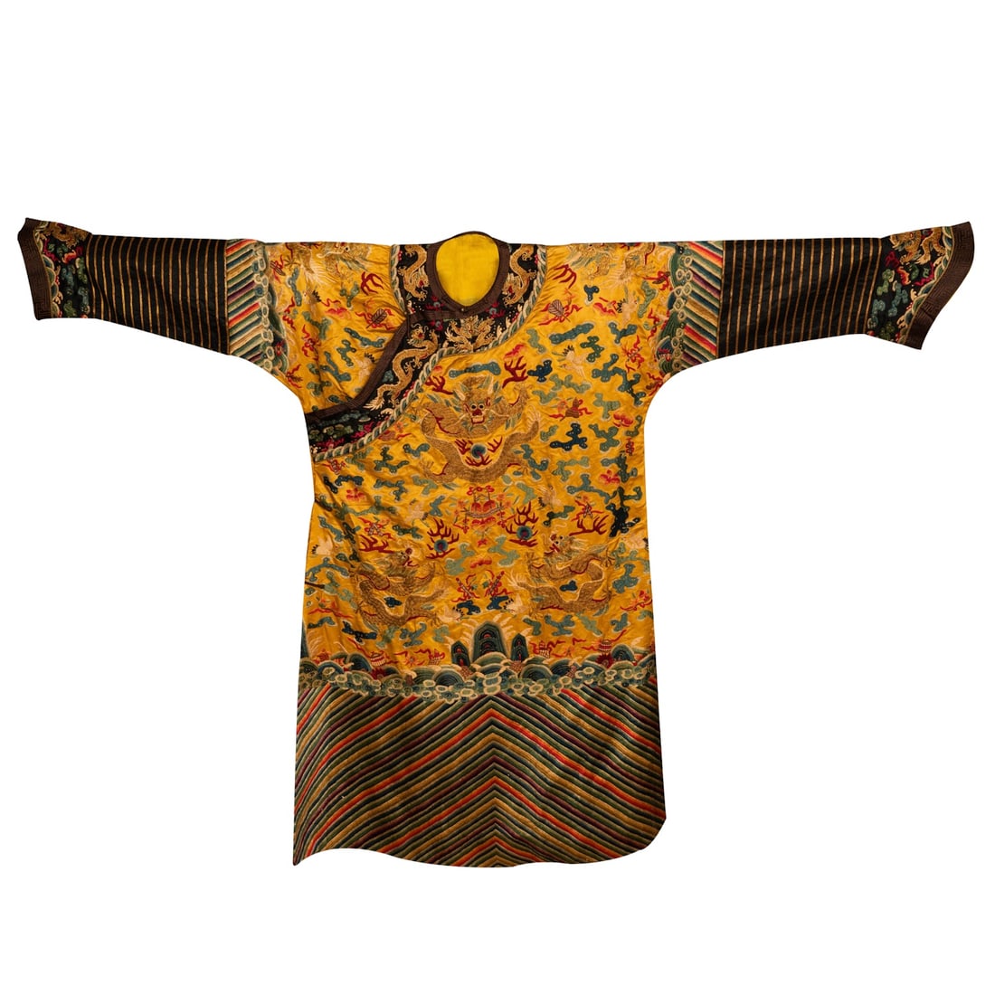 Yellow Satin Embroidered Imperial Robe: Name Yellow Satin Embroidered Imperial Robe Dimensions Length:187cm, Width:130cm, ? Condition Additional photographs and condition reports are available upon request as a courtesy t