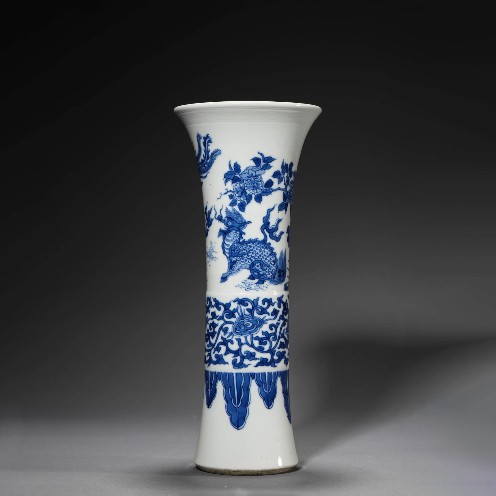 Blue and White Kylin Beaker Vase: Name Blue and White Kylin Beaker Vase Dimensions Diam.11cm, Height:27cm, ? Condition Additional photographs and condition reports are available upon request as a courtesy to our clients. Any