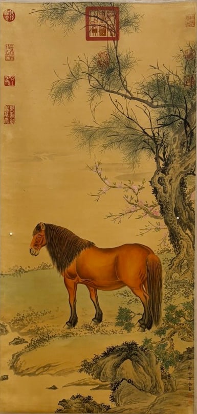 Lang Shining Mark, Chinese Painting, ink and Color on Silk, Hanging Scroll (1 of 9)