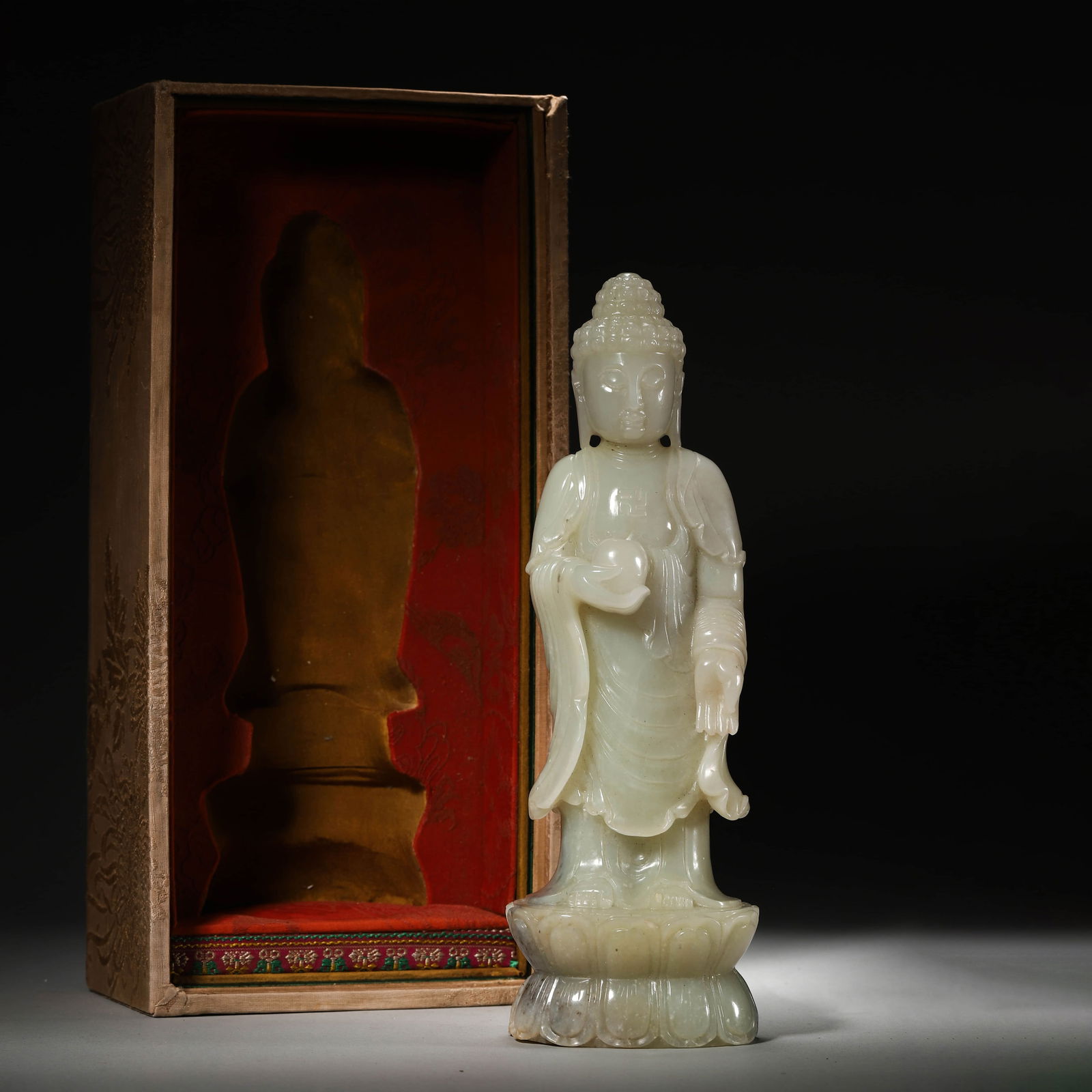 White?Jade?Figure?Of?Medicine?Buddha: Name White?Jade?Figure?Of?Medicine?Buddha Dimensions Length:7.5cm; Width:5.5cm; Height:23cm;? Condition Additional photographs and condition reports are available upon request as a courtesy to