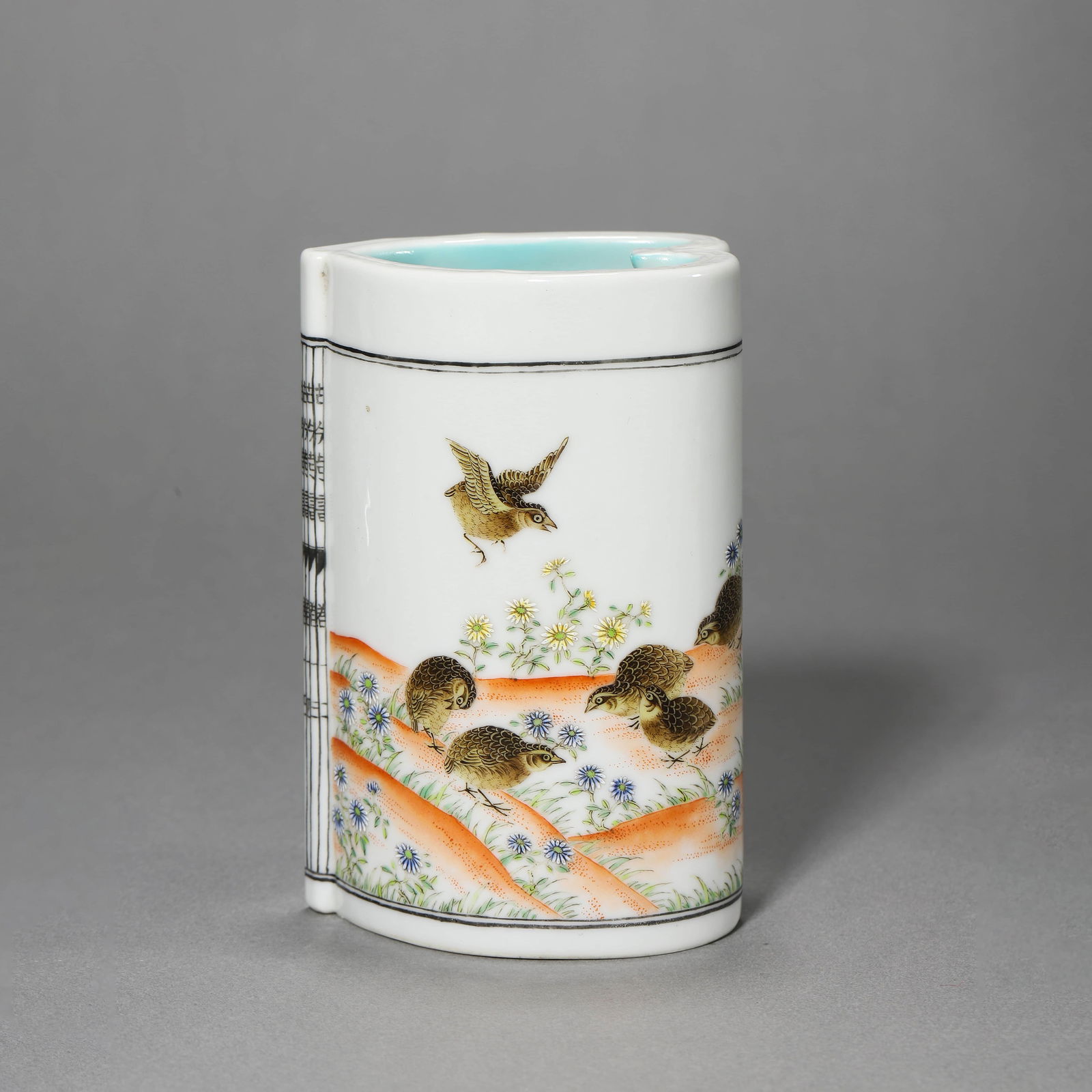 Shendetang Mark Famille Rose Quails Brush Pot: Name Shendetang Mark Famille Rose Quails Brush Pot Dimensions Length:7.8cm, Width:6cm, Height:12cm, ? Condition Additional photographs and condition reports are available upon request as a