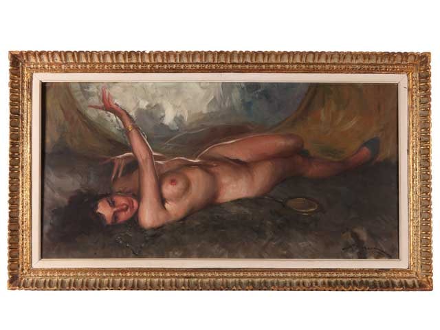 Canvas oil painting of a nude female, Italy, 1940s: Name Canvas oil painting of a nude female, Italy, 1940s Dimensions Frame Size: 78 x 138cmPainting Size: 60 x 120cmArtist: Attributed to Richard Durando Tongo (1910 - ), Italian painterWork Description