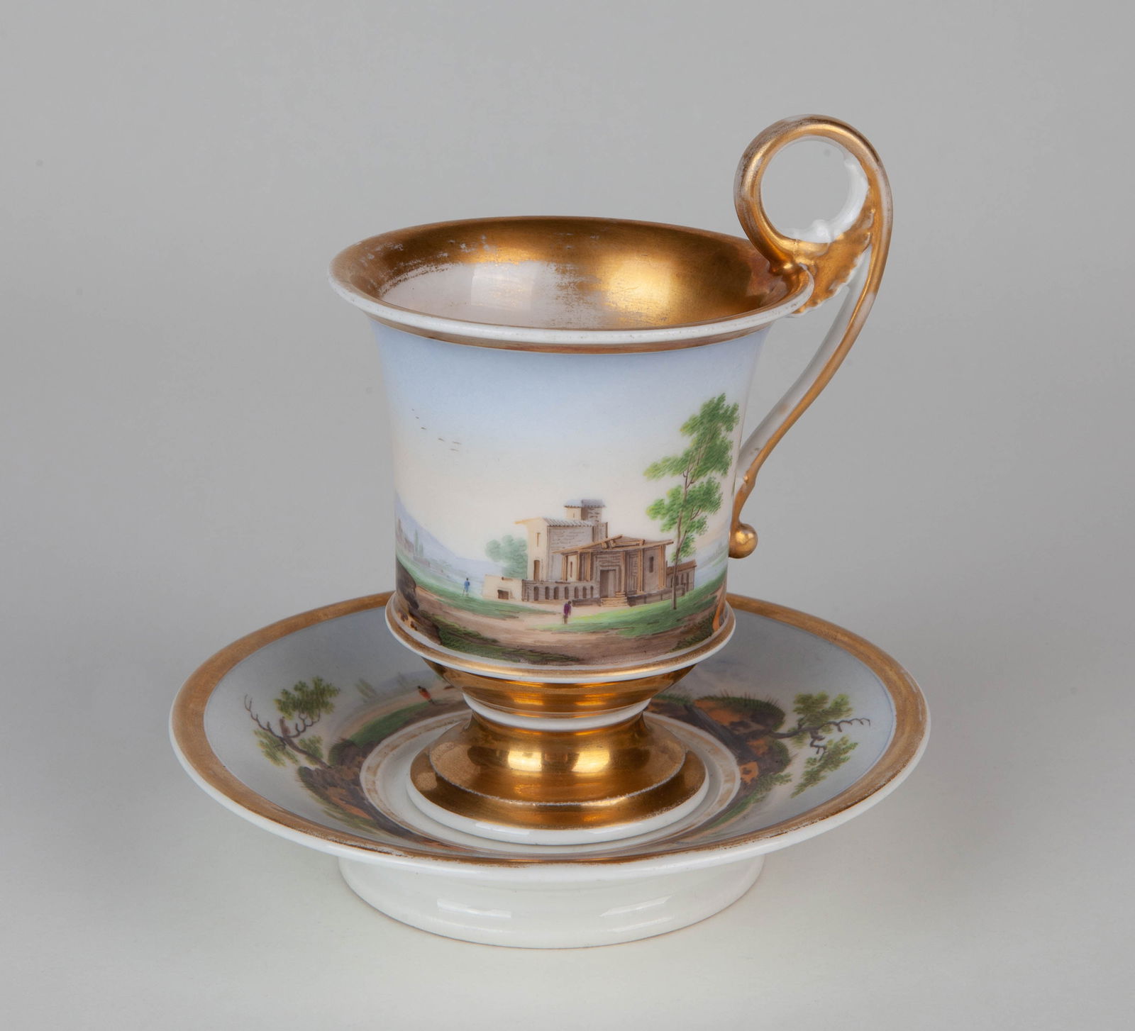 German porcelain cup and saucer with hand-painted church architecture, in Biedermeier style (1 of 10)