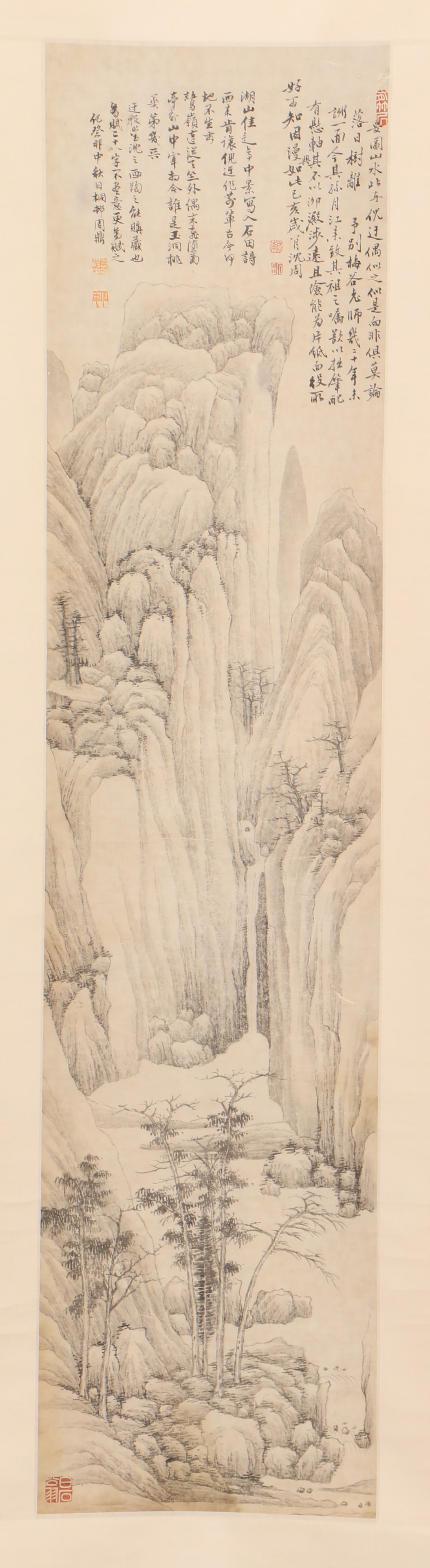 Shen Zhou's ink-wash landscape Scroll on paper: Name Shen Zhou's ink-wash landscape Scroll on paper Dimensions 123*29 Condition Additional photographs and condition reports are available upon request as a courtesy to our clients. Any