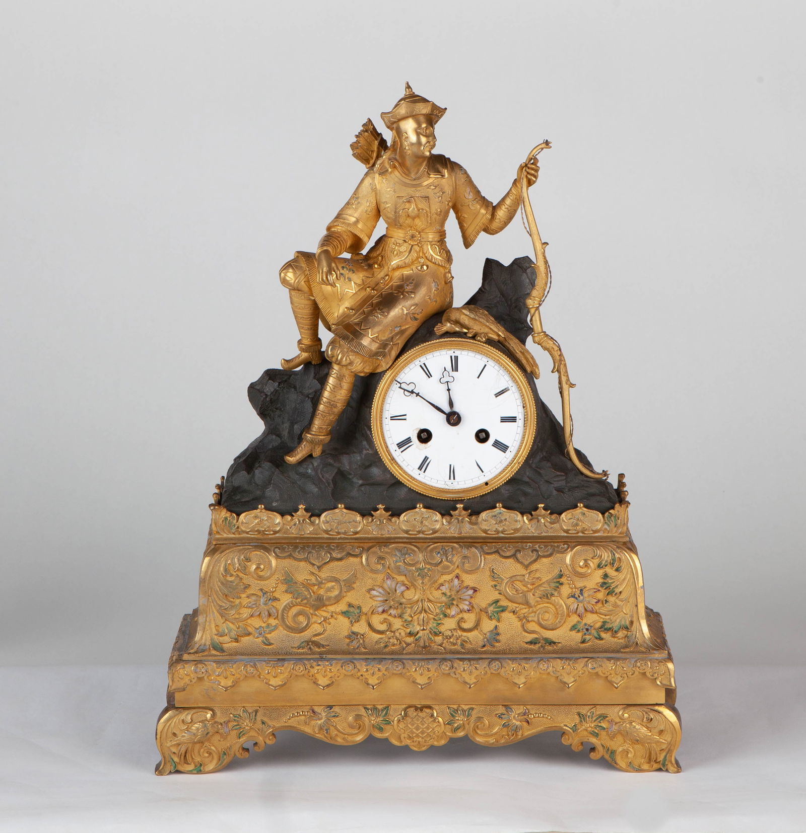Mid-19th Century Gilt-bronze and enamel table clock in Empire style, Napoleon period, with: Name Mid-19th Century Gilt-bronze and enamel table clock in Empire style, Napoleon period, with Chinoiserie figure motifs Dimensions 31x10.5x40cm Condition Additional photographs and condition