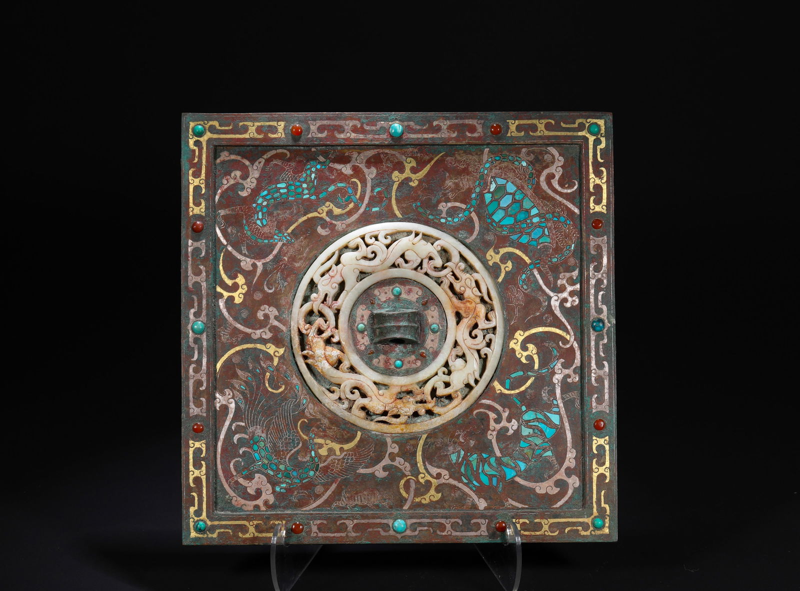 Han Dynasty copper cupola gold and silver, inlaid with turquoise, inlaid with Hetian jade square (1 of 9)